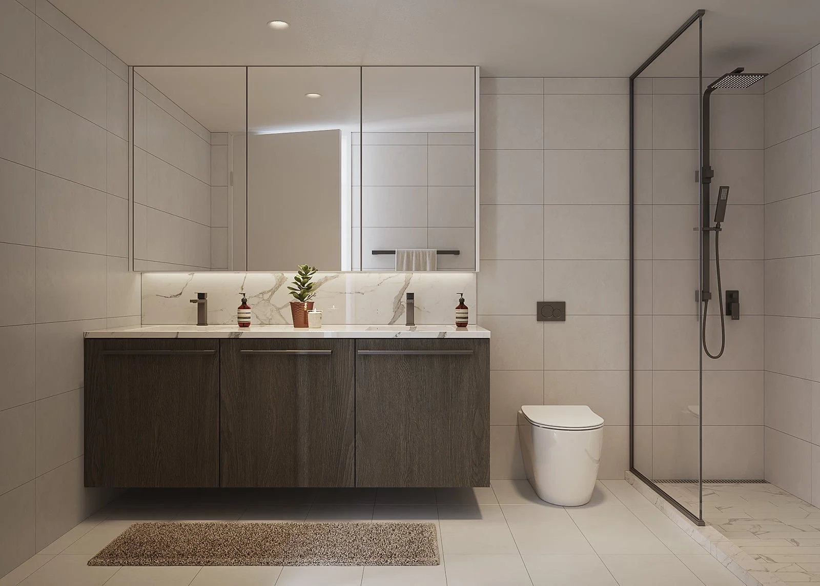 Modern bathroom featuring backlit mirror, glass shower, and stone finishes