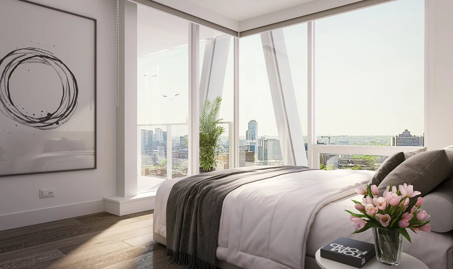 	Contemporary bedroom with floor-to-ceiling windows and neutral color palette