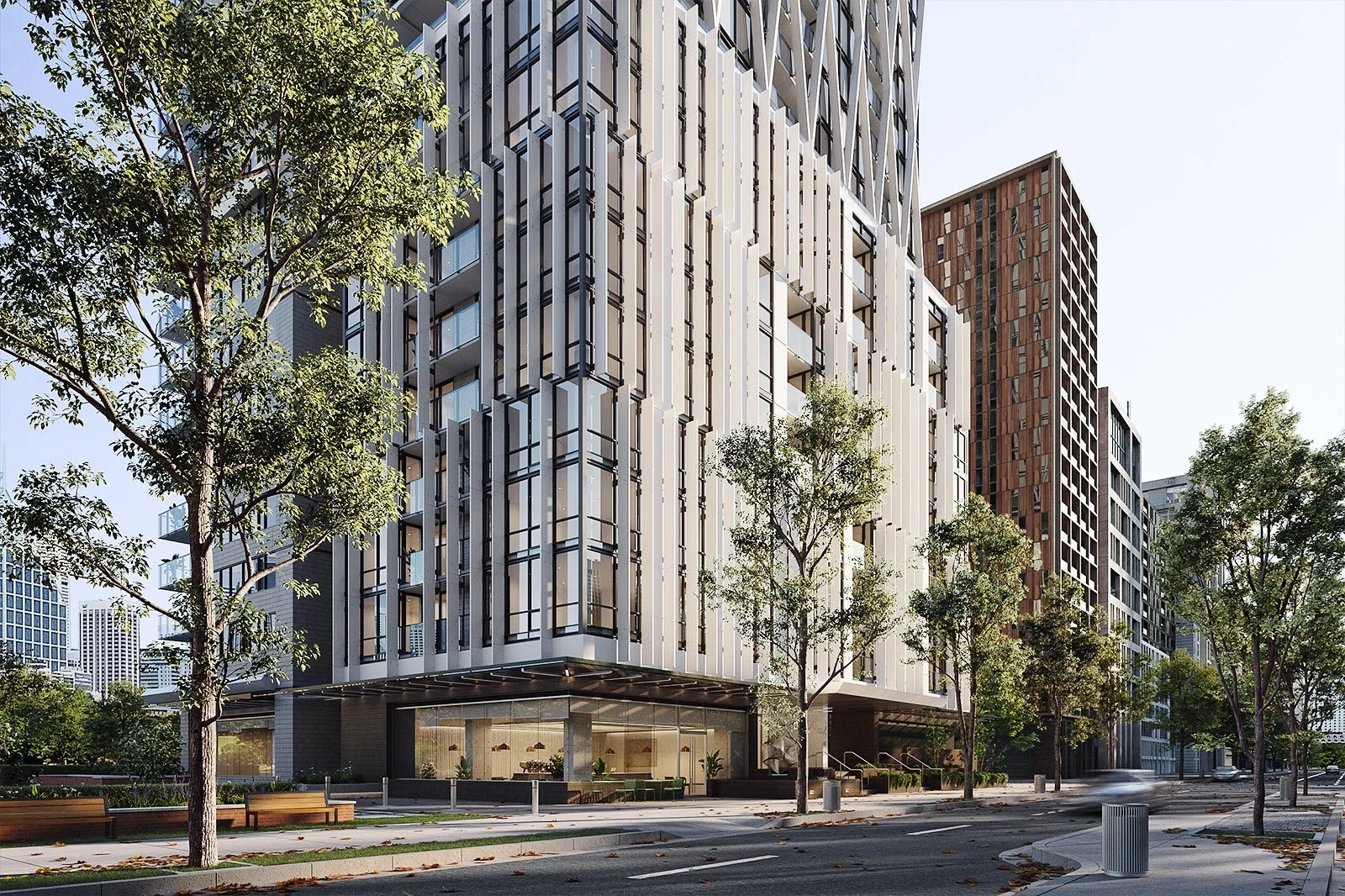 Architectural render of 8x on the Park with landscaped surroundings and clean geometry