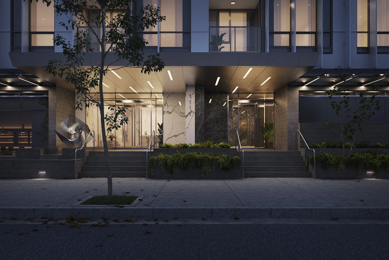 	Evening render of main entrance with architectural lighting and welcoming ambiance