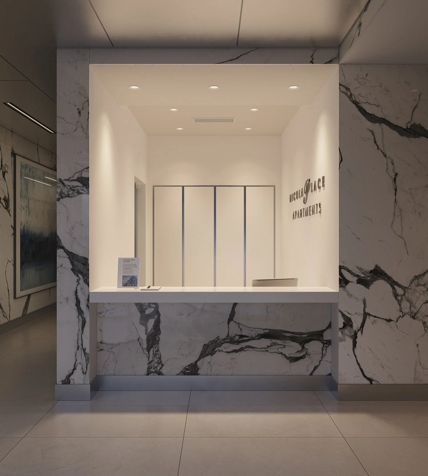 Lobby interior with minimalist reception desk, modern lighting, and warm textures