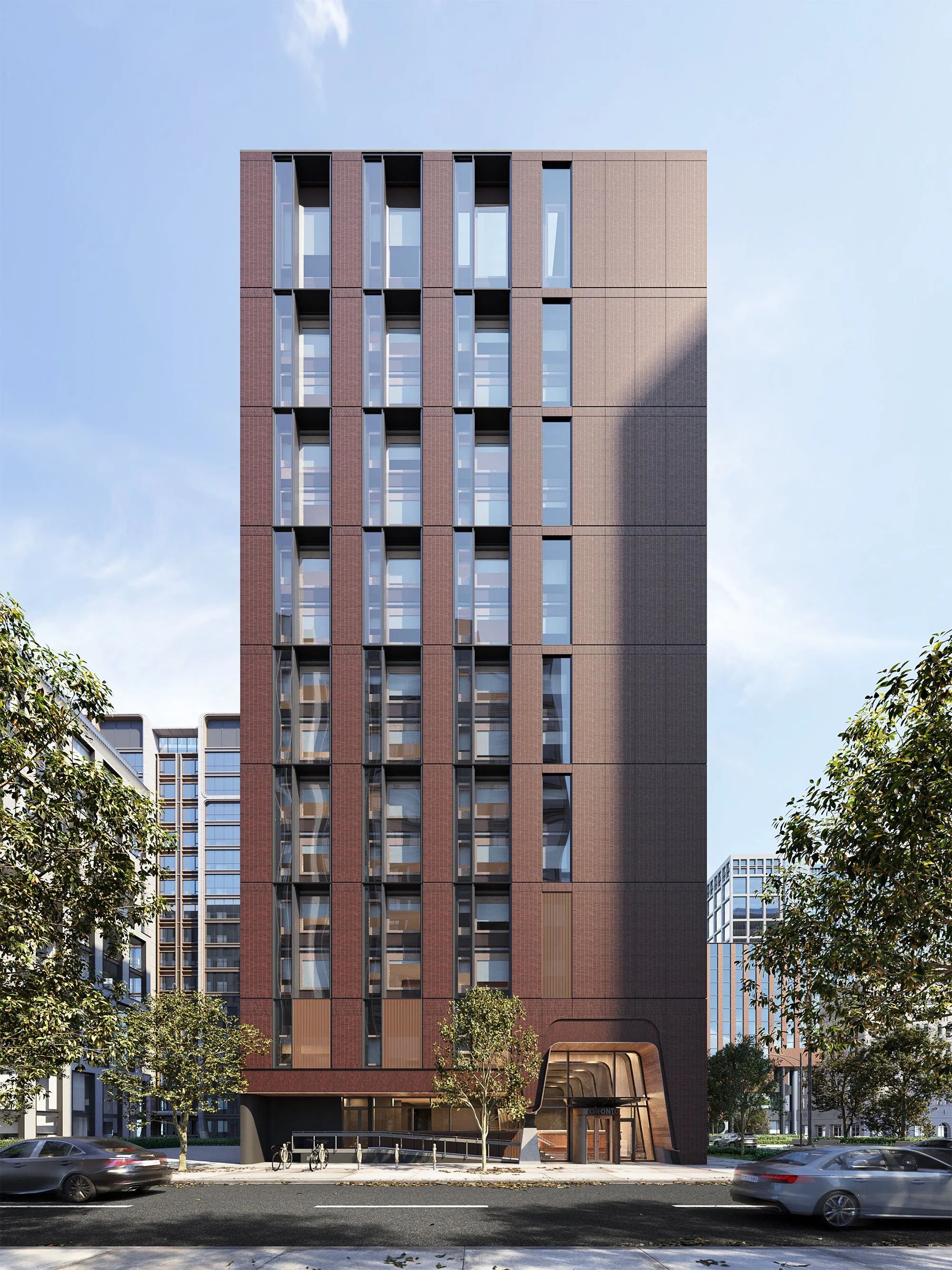 Day time perspective of Ace Hotel highlighting its urban integration and warm interior glow