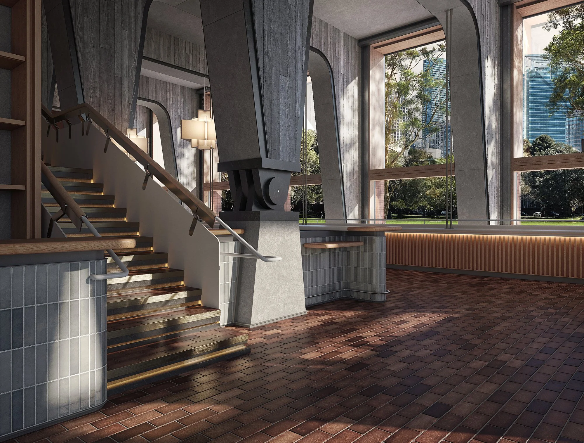 Upper-level landing featuring exposed brick wall, textured flooring, and custom light fixtures