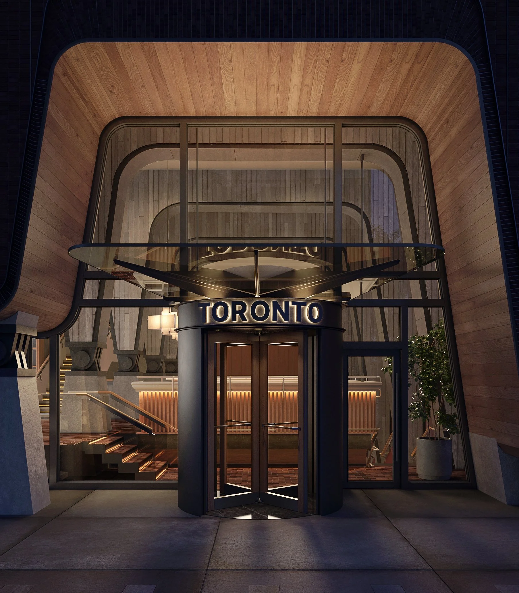 Lobby entrance with arched doorway, patterned tile flooring, and boutique-style lighting