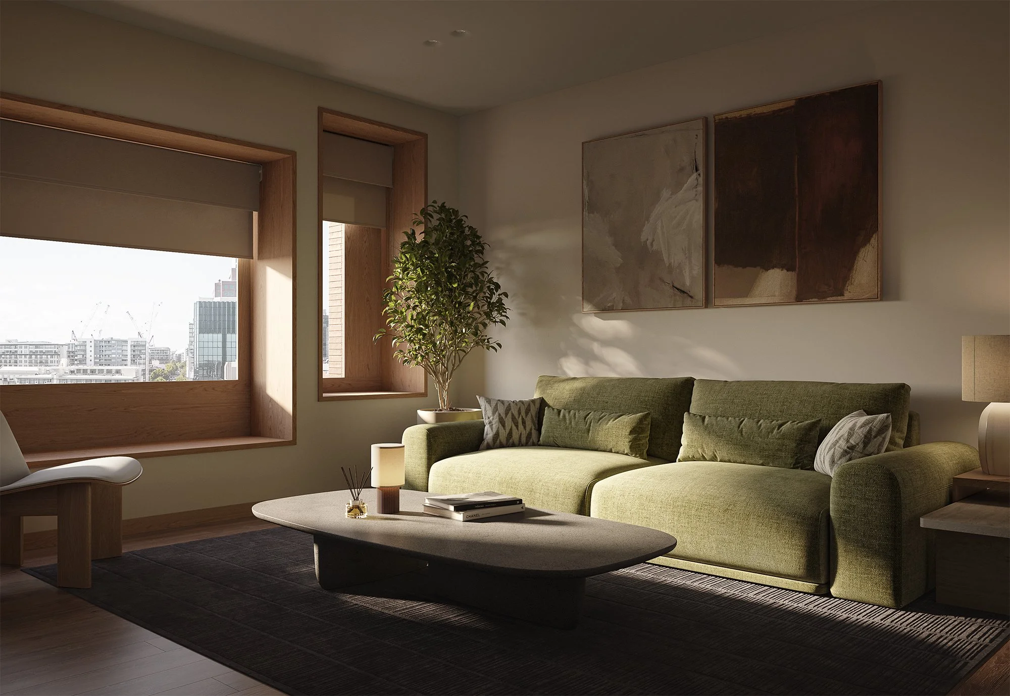 Hotel lounge with eclectic furniture, area rug, and curated artwork under natural lighting