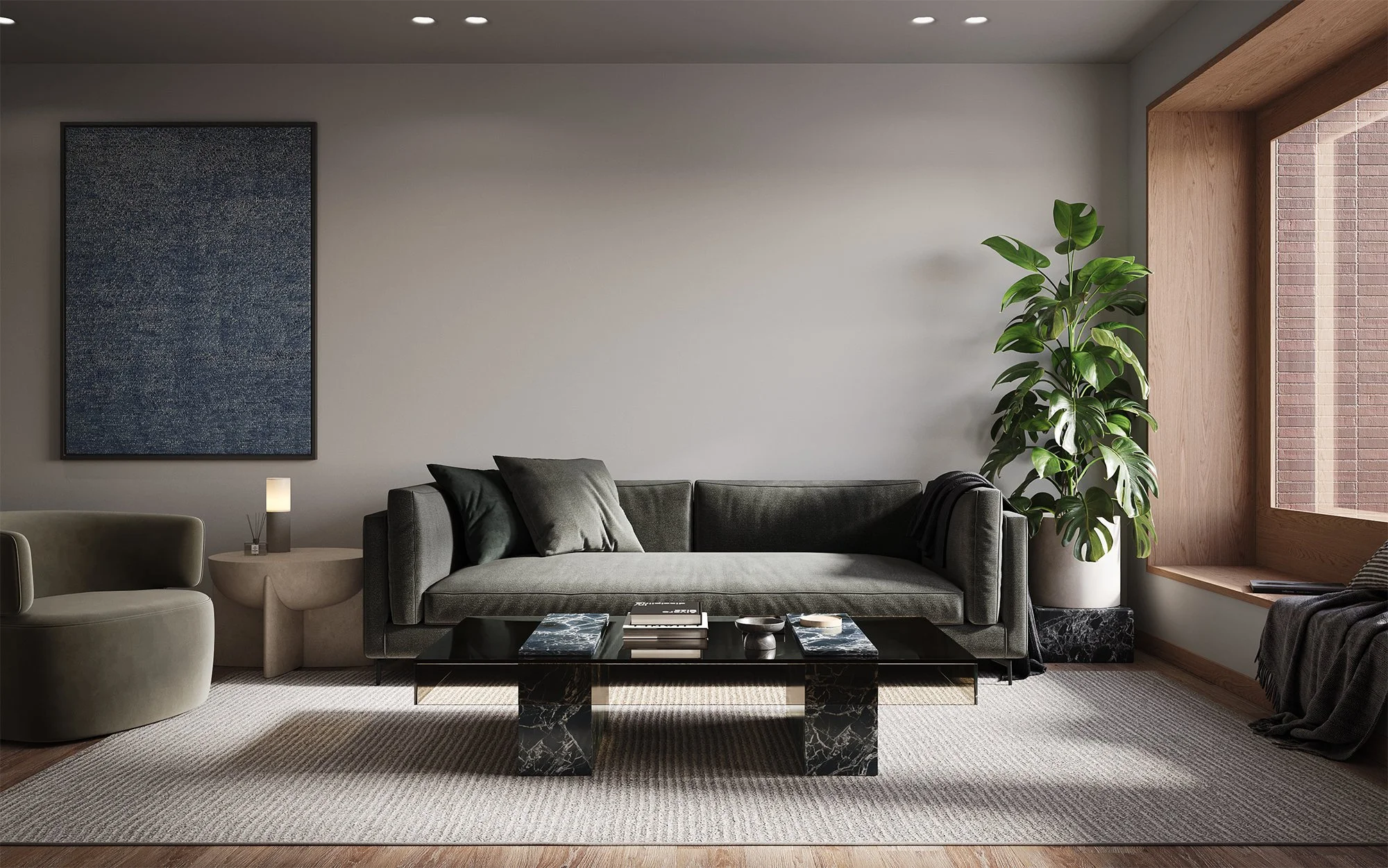 Common sitting area with warm tones, vintage design elements, and open ceiling beams