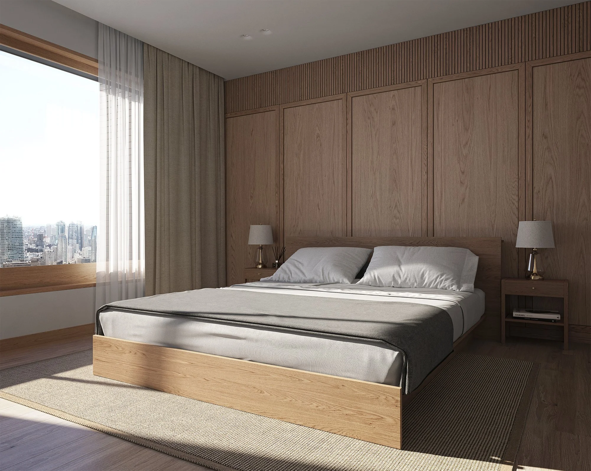 Boutique hotel bedroom with king-sized bed, soft linen textures, and indirect lighting