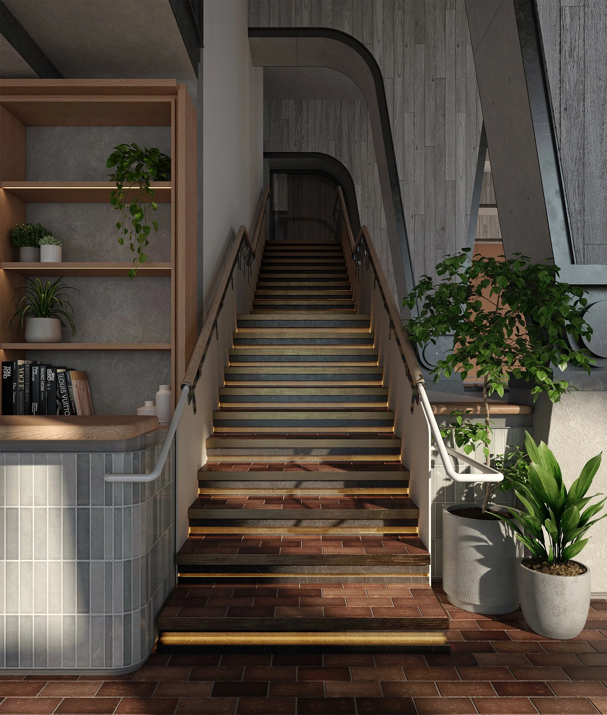 Grand staircase with timber balustrade, ambient wall lights, and arched ceiling detail