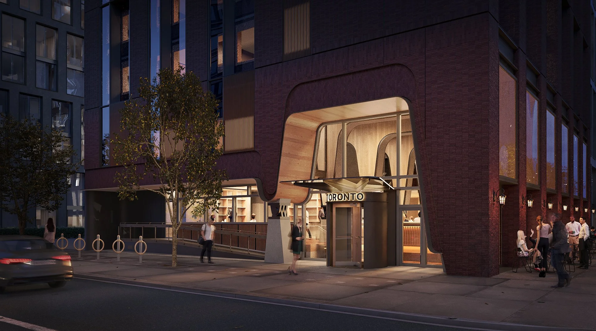 Exterior Dusk, ambient lighting and signage. Ace Hotel