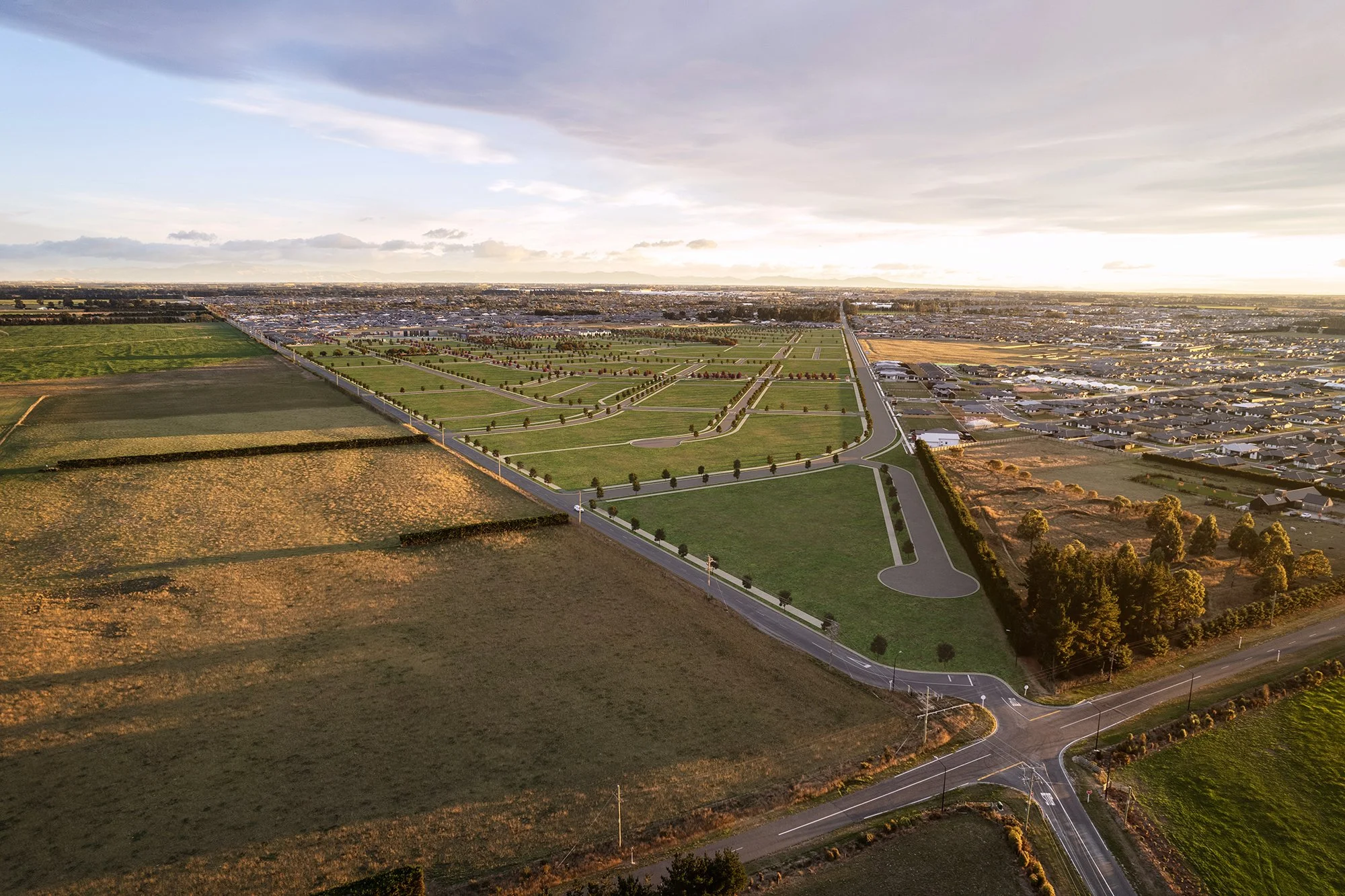 Completed render showing Arbor Green’s landscaped subdivision with housing and green spaces
