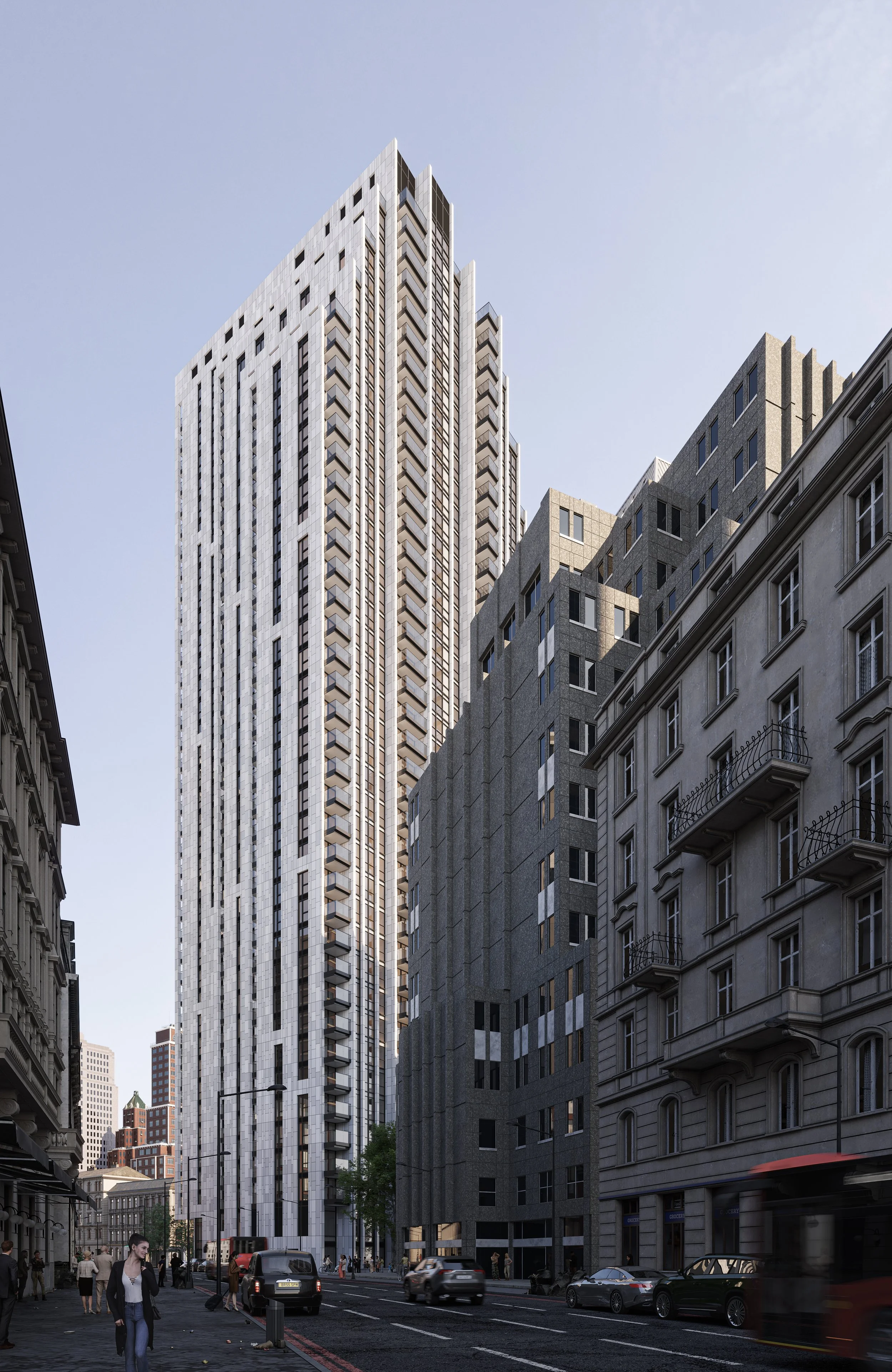 	Side elevation of Atlas London building highlighting vertical design and layered facade treatment