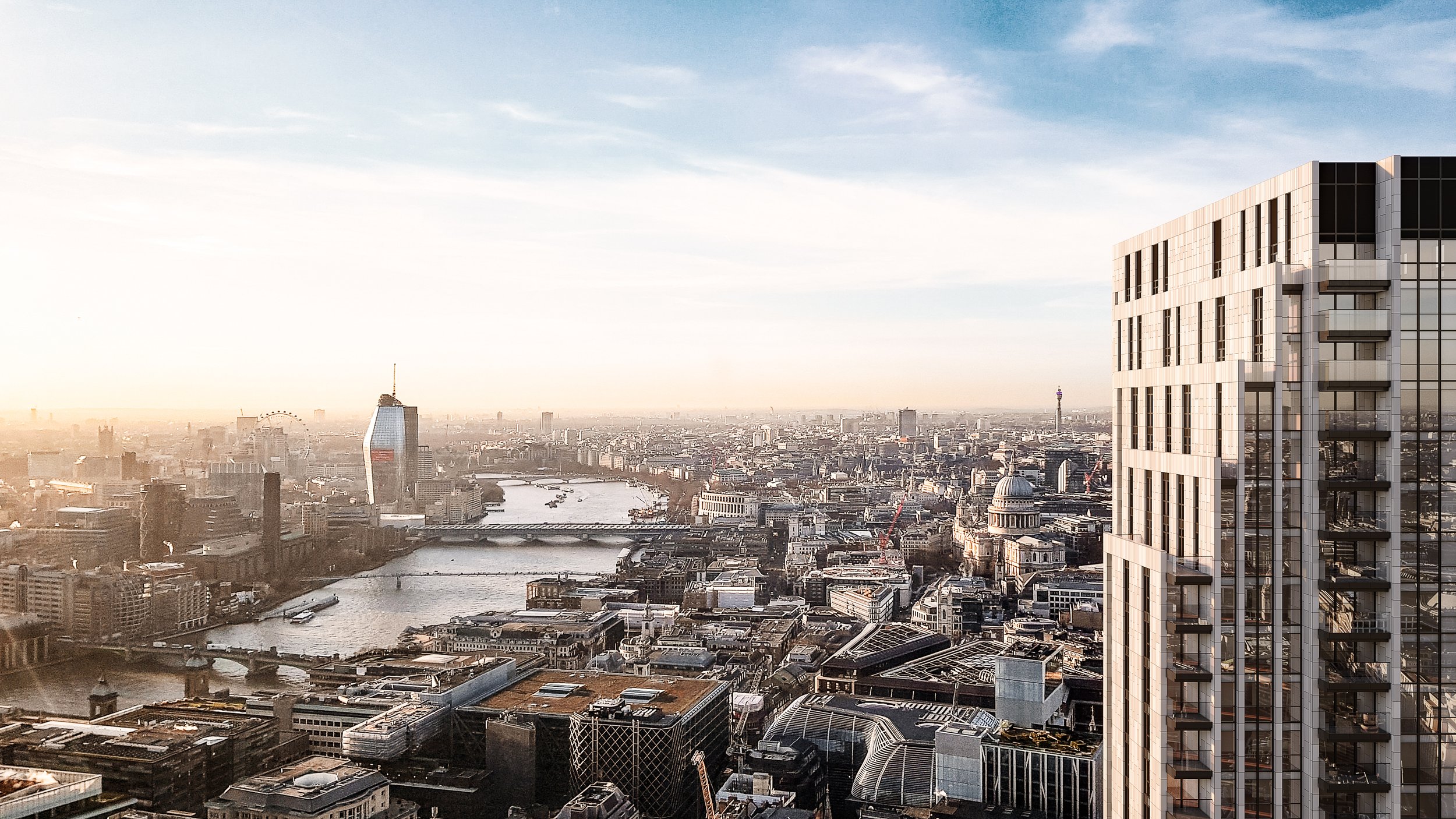 Aerial close-up view glancing down on Atlas London’s rooftop form and immediate surroundings