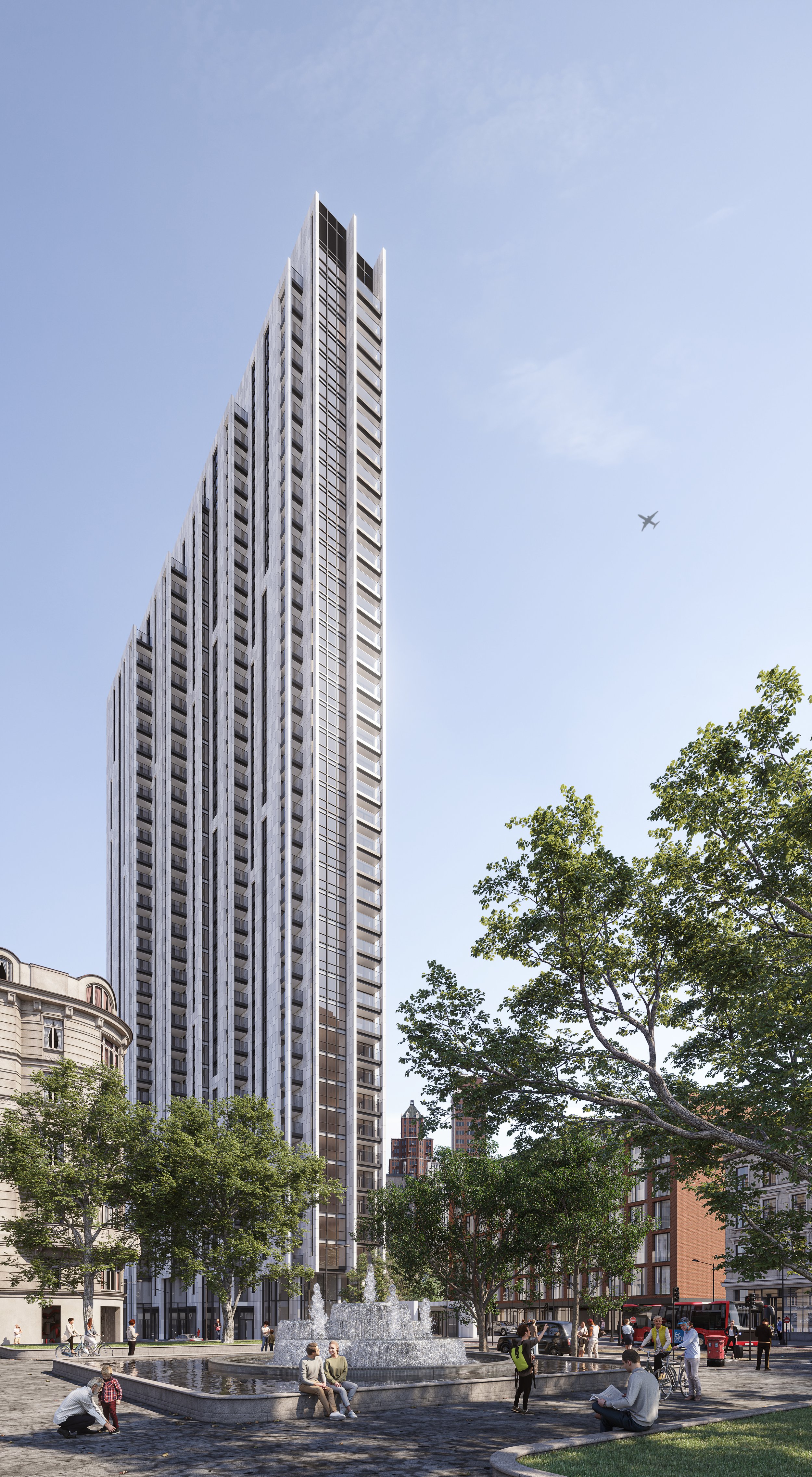 Perspective render showing corner angle of Atlas London with urban streetscape integration