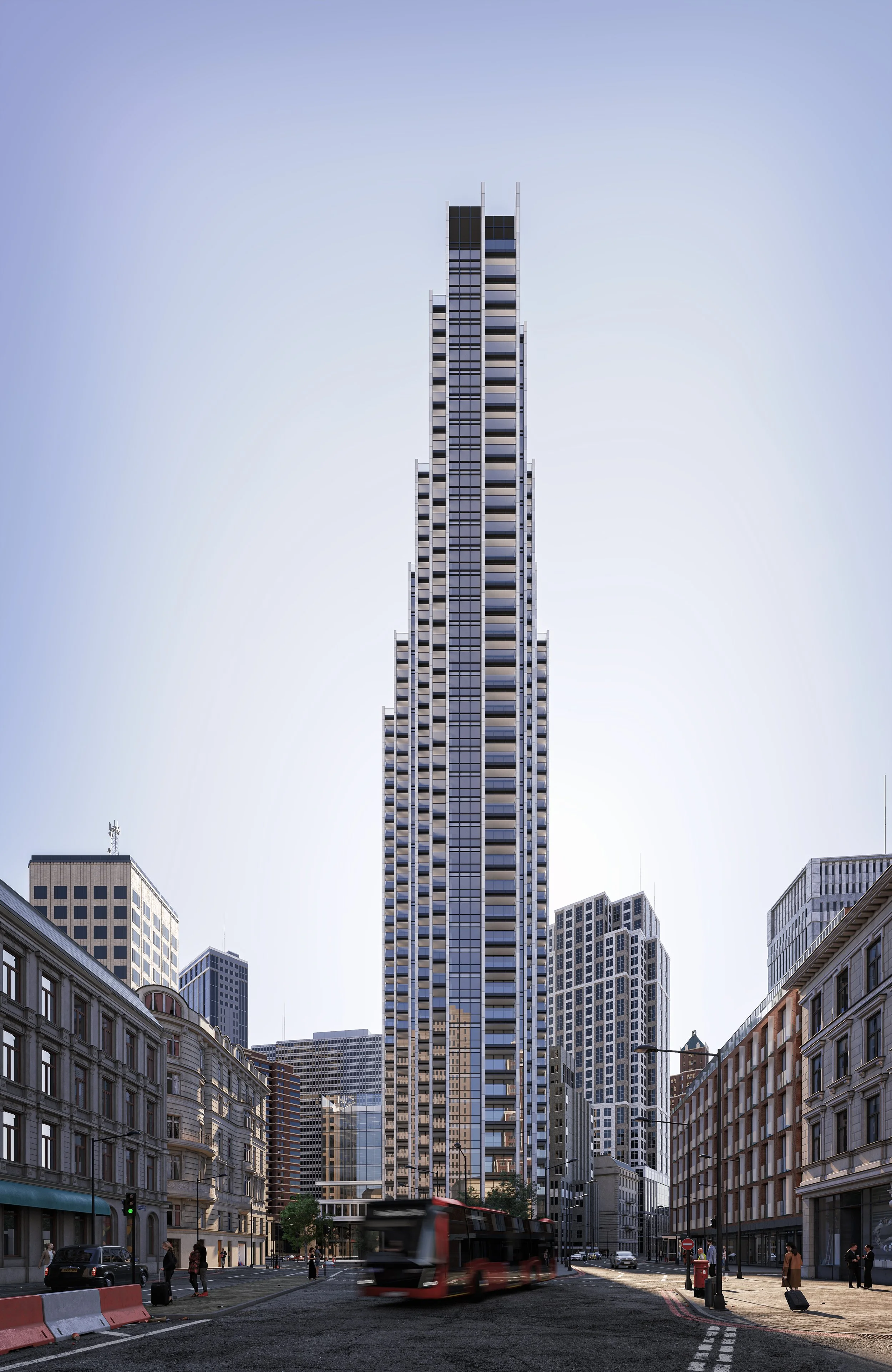 	Front-facing architectural render of Atlas London with modern facade and clean lines