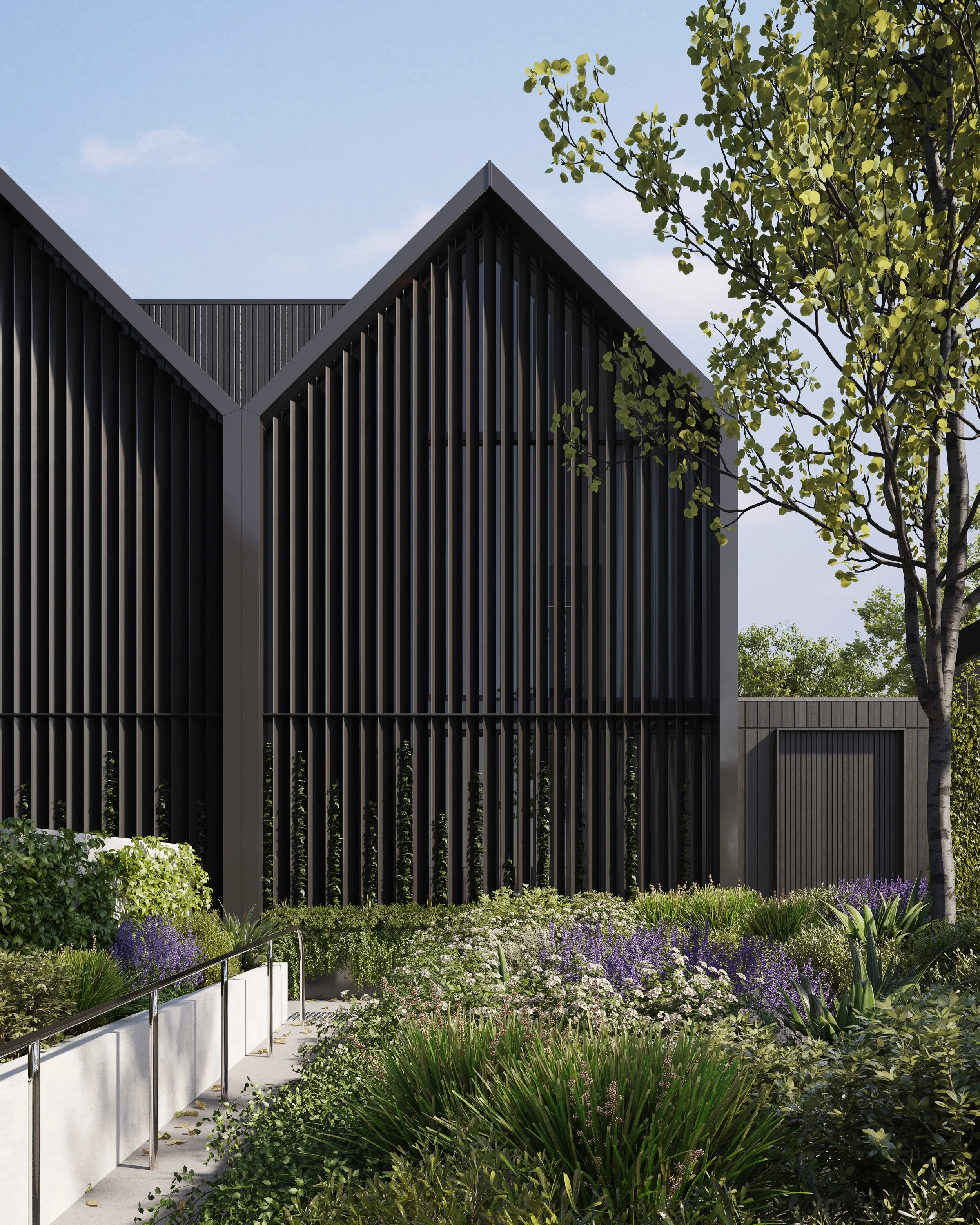 Front garden view featuring aluminium louvre detailing and low-maintenance landscaping