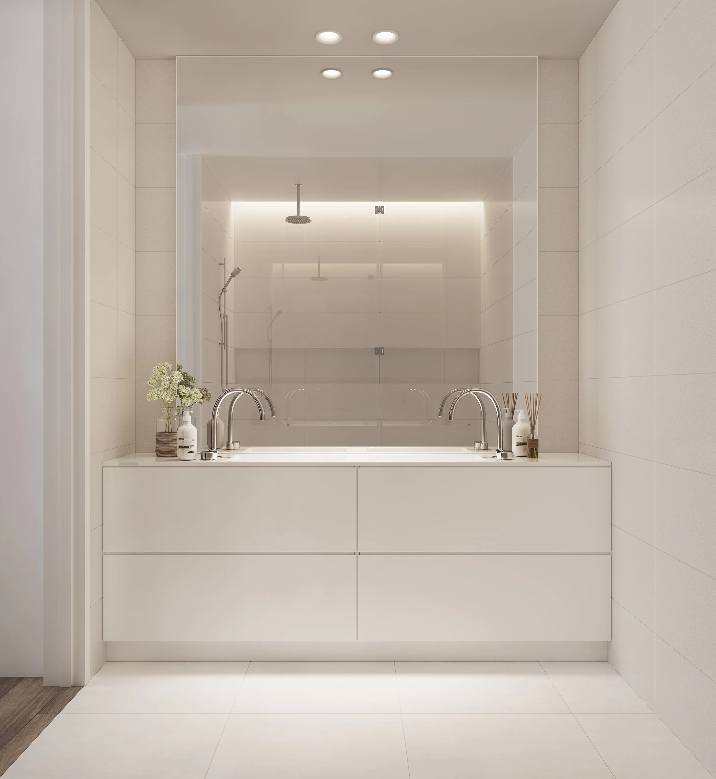 Modern bathroom interior with backlit mirror, tiled walls, and built-in vanity
