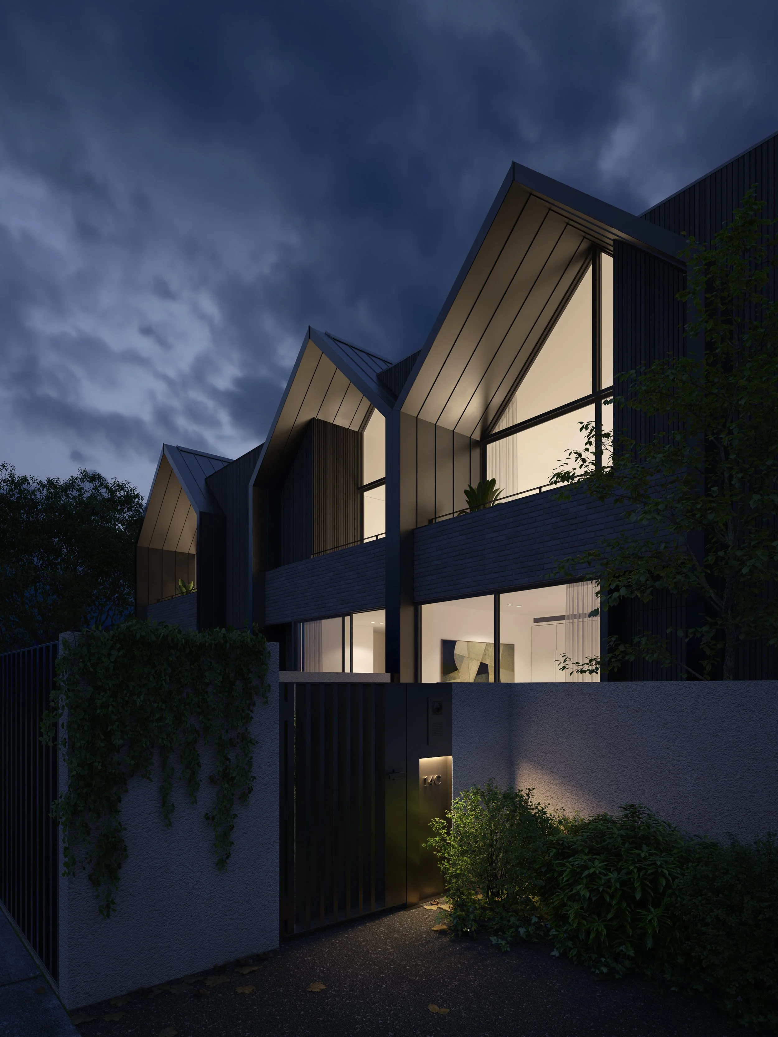 	3D exterior render of Avenue House at dusk with warm interior lighting and soft architectural tones