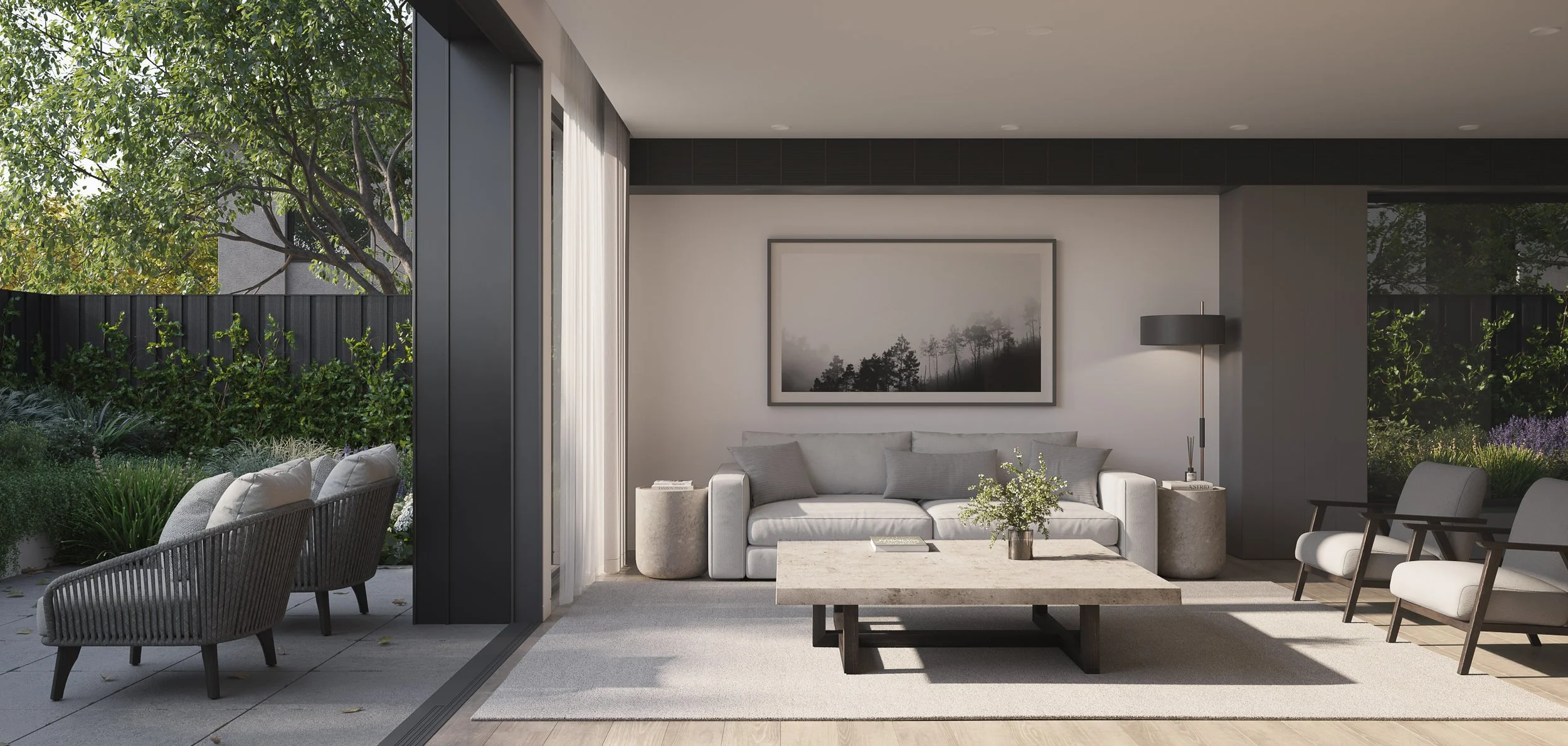 Daylit living room with timber flooring, open plan layout, and seamless indoor-outdoor flow