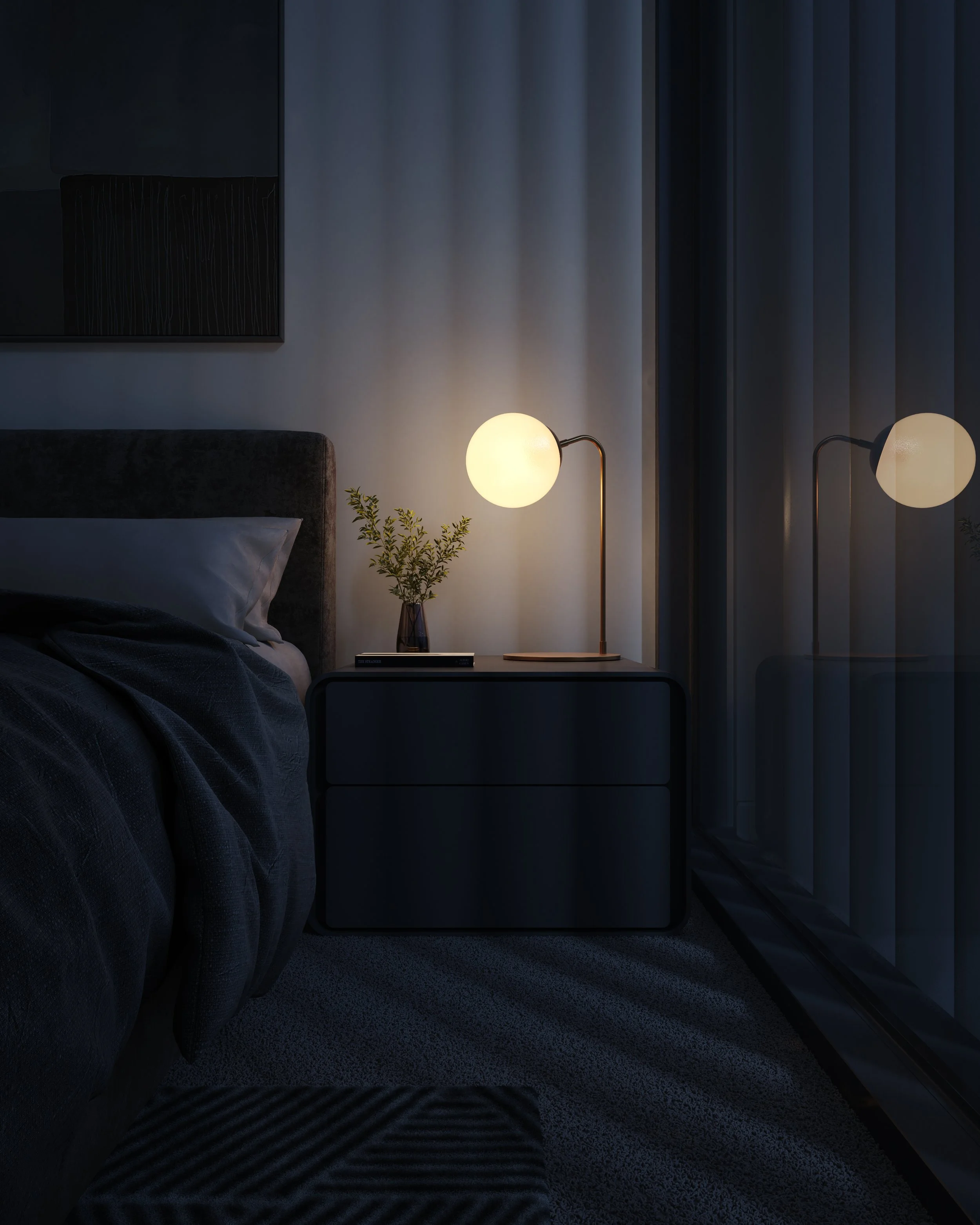 Cozy bedroom rendered at dusk, featuring floor-to-ceiling curtains and warm lighting ambiance