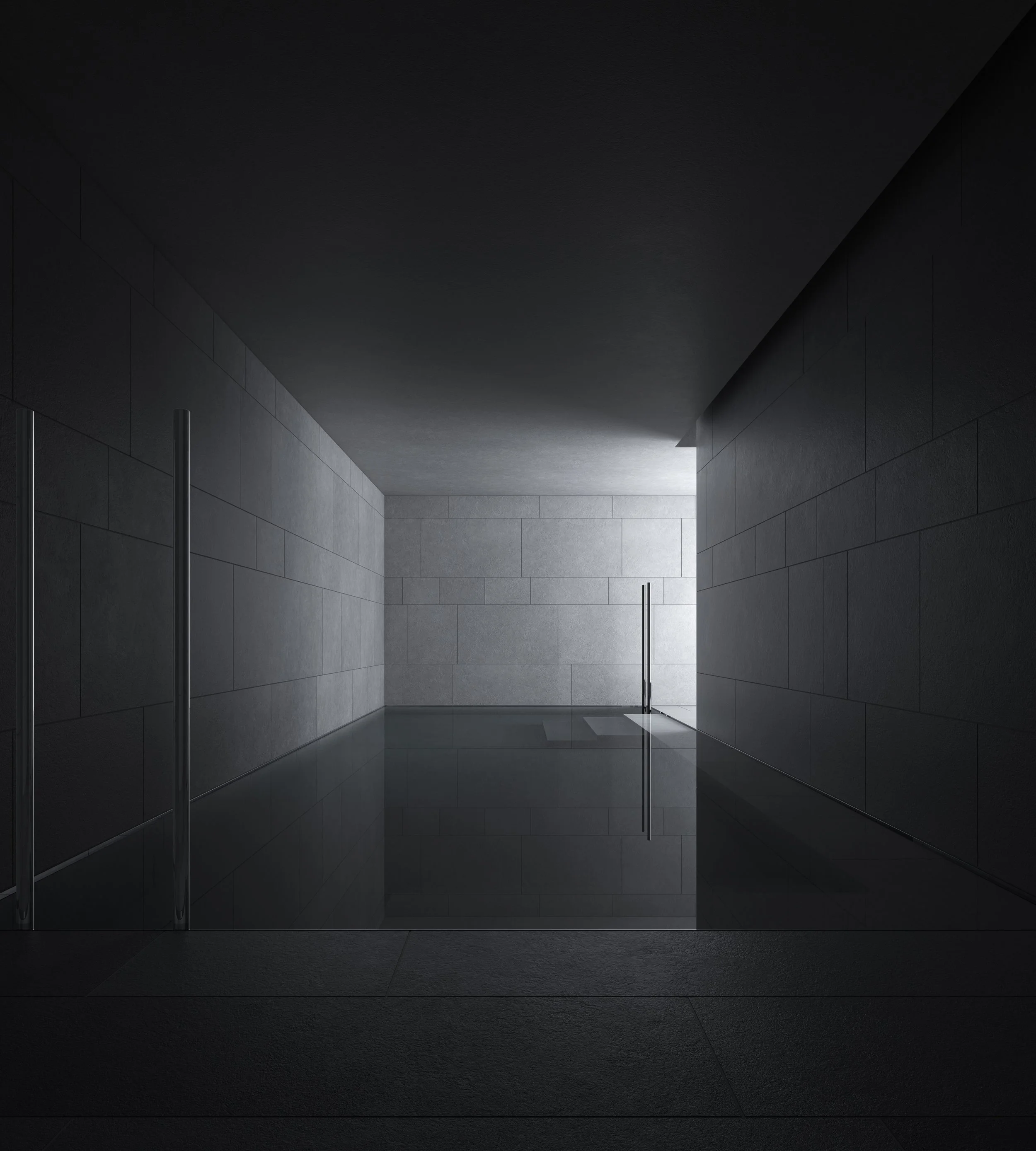 Indoor pool render with moody ambient lighting and architectural skylight from entrance