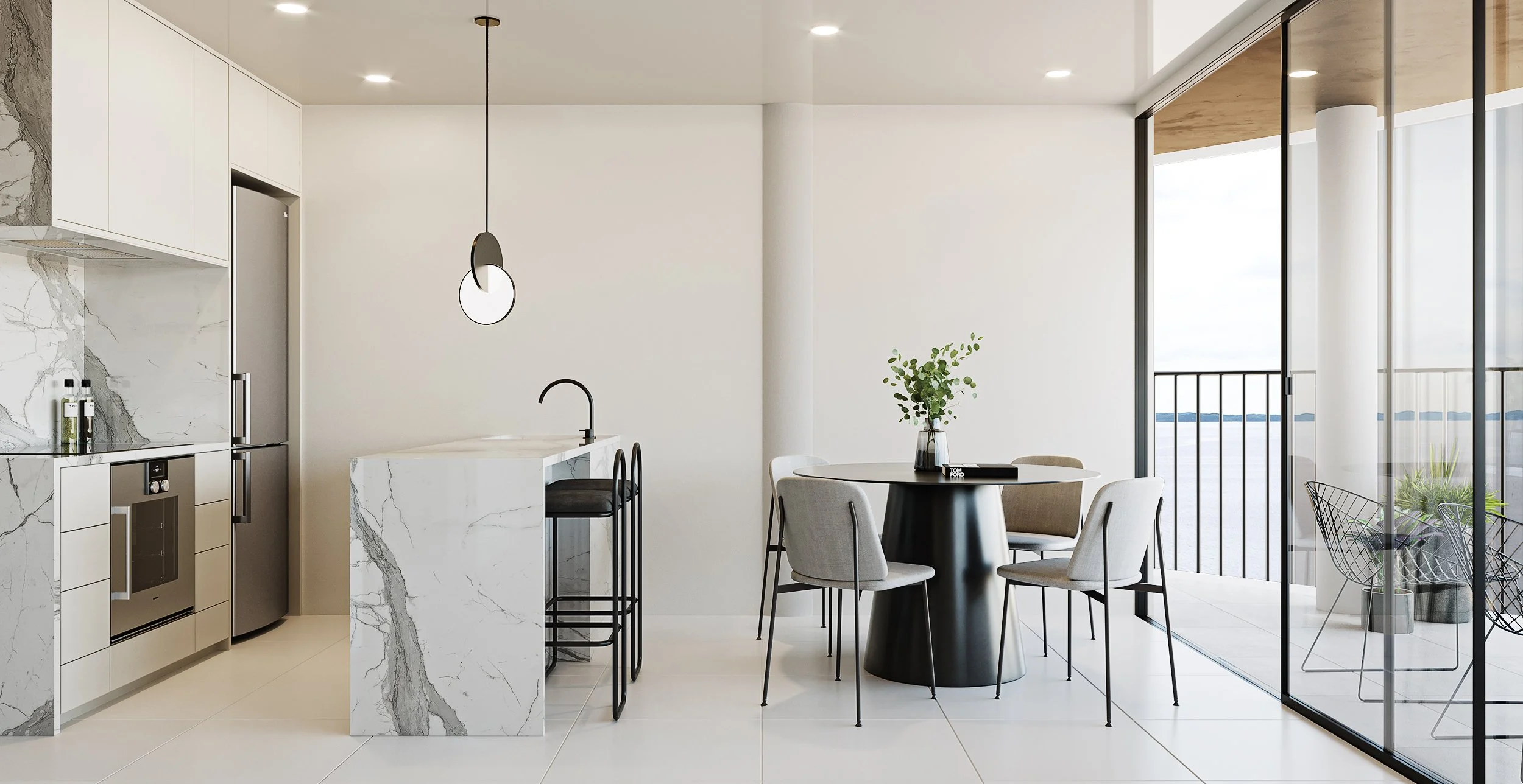 	Open-plan kitchen and dining area with large glass sliders opening to outdoor views