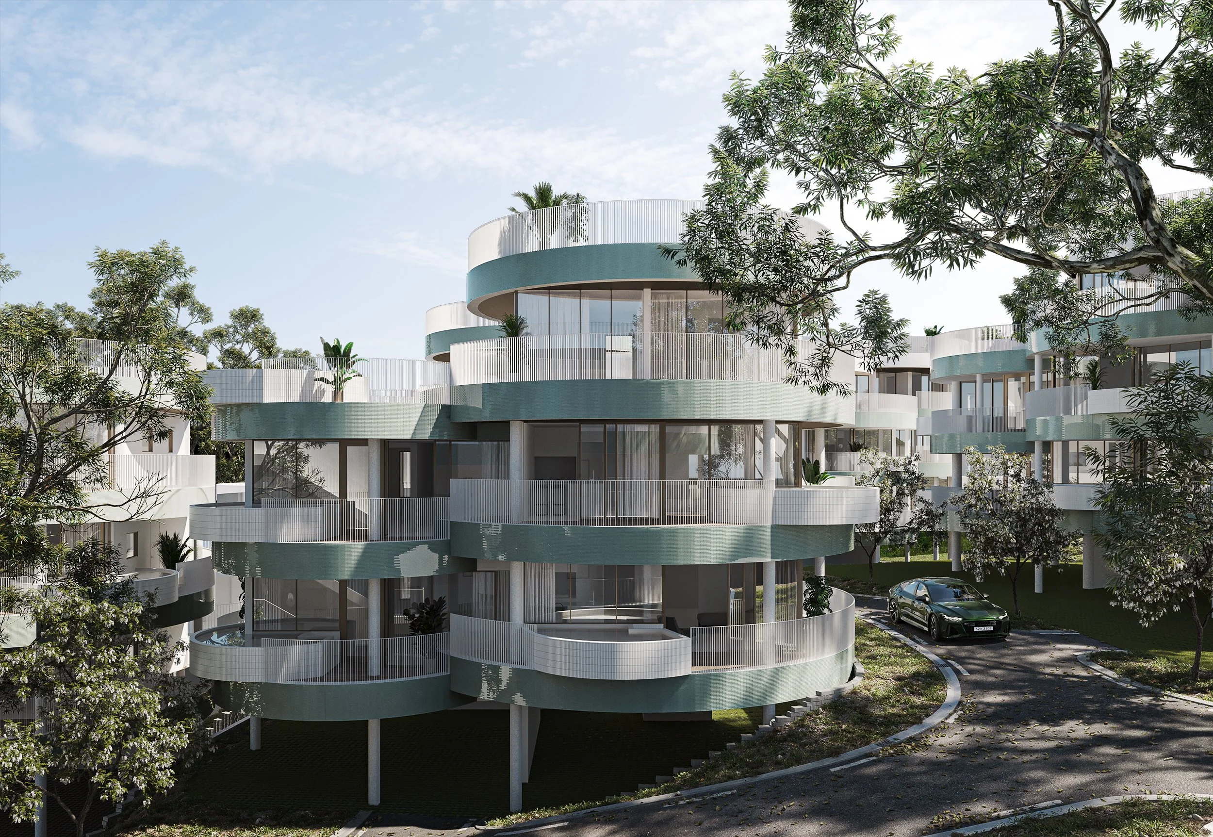 Full exterior render showing all apartment units with cohesive design and landscaped surroundings