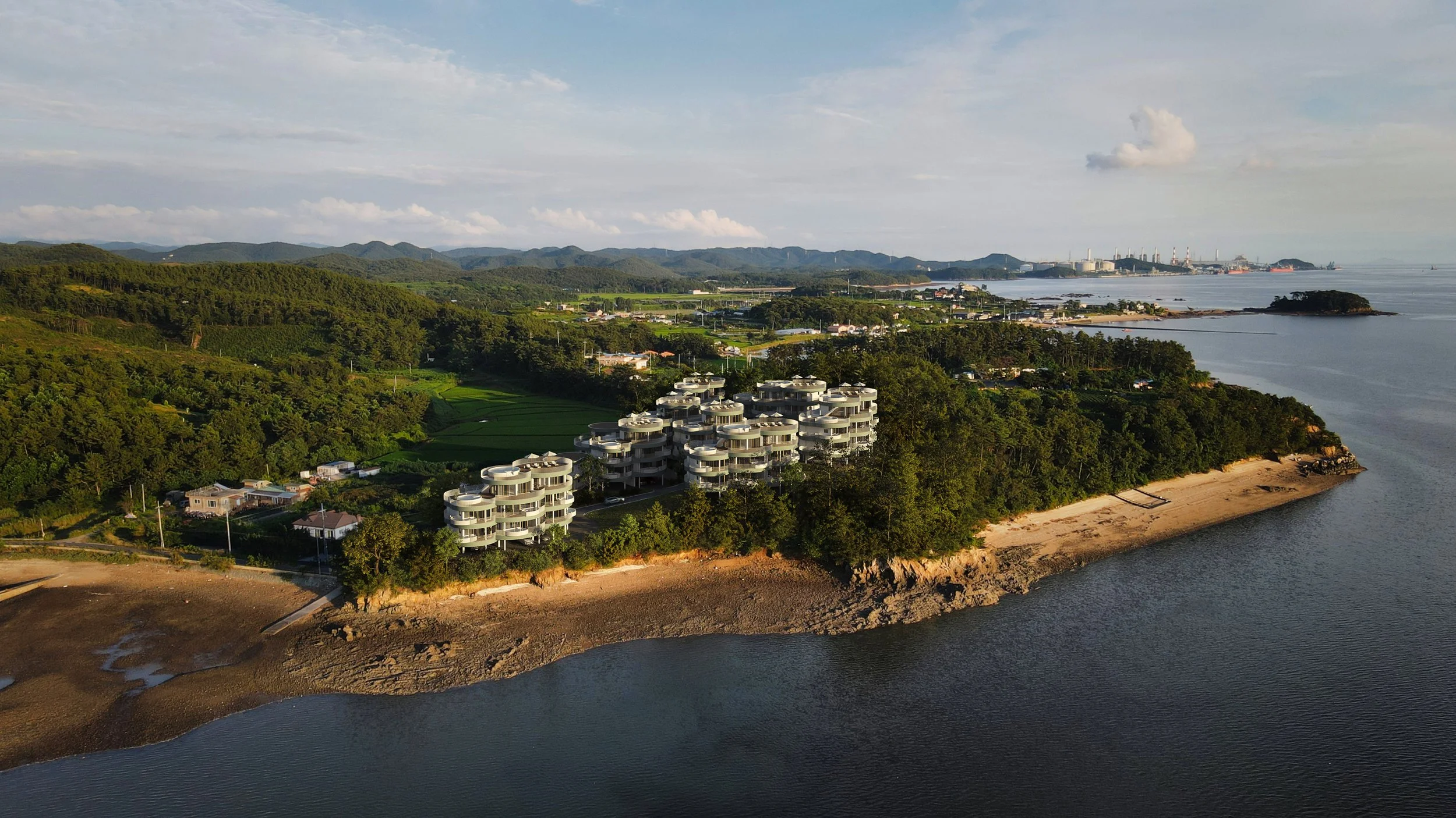 3D photomontage overlay showing proposed apartment development integrated into aerial photograph