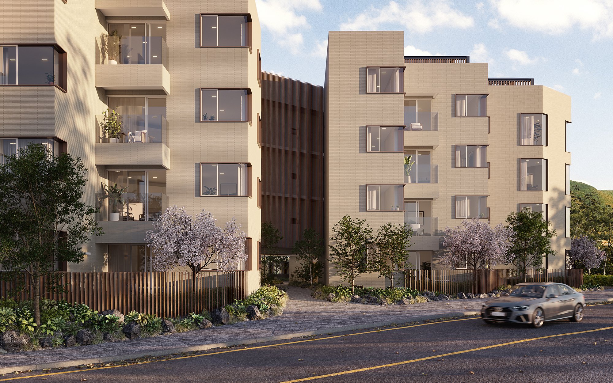 도로에서 바라본 Endo Apartments 외관, 세련된 입면과 도시적 분위기 강조