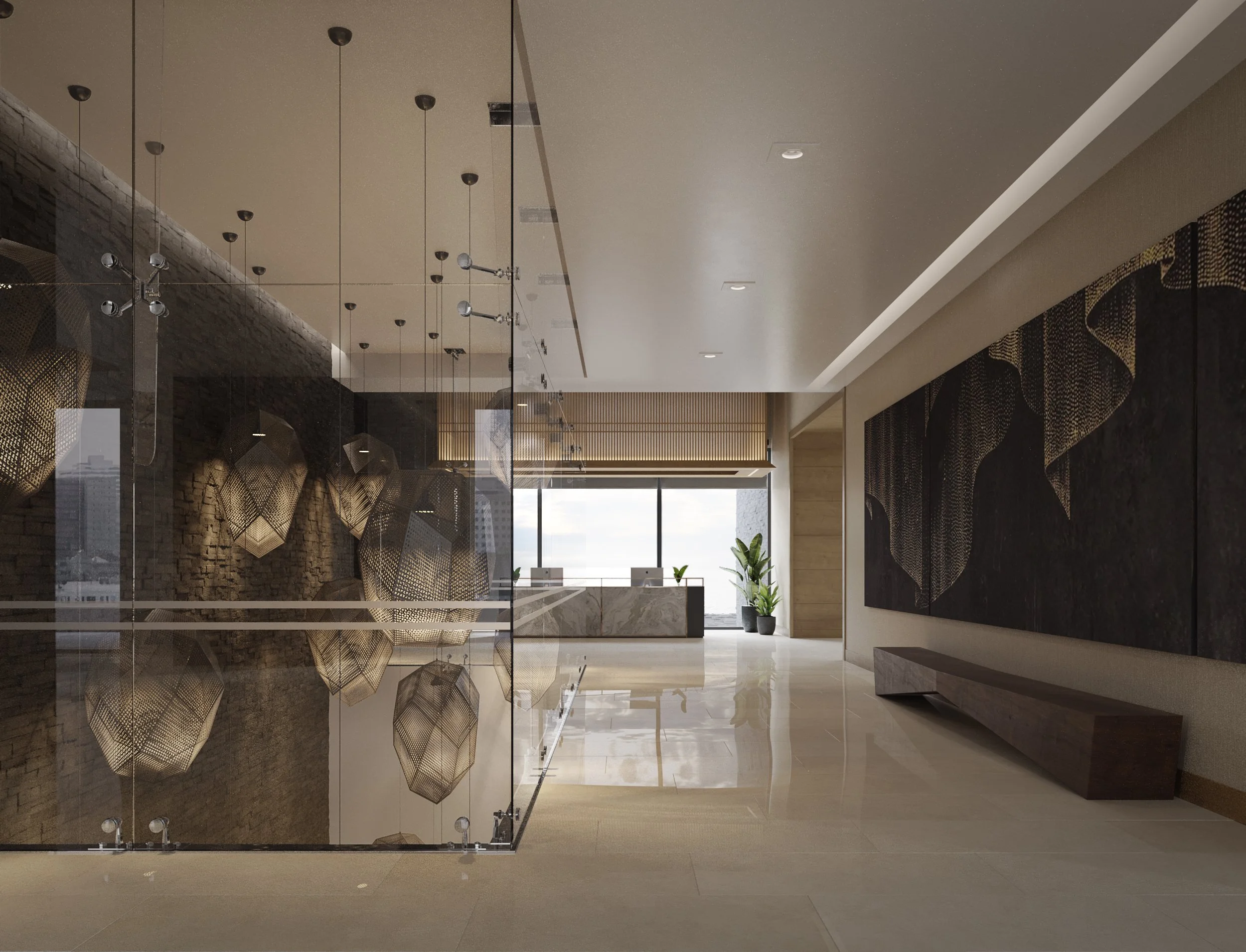 Lobby corridor with ambient lighting, minimalist design, and access to guest elevators
