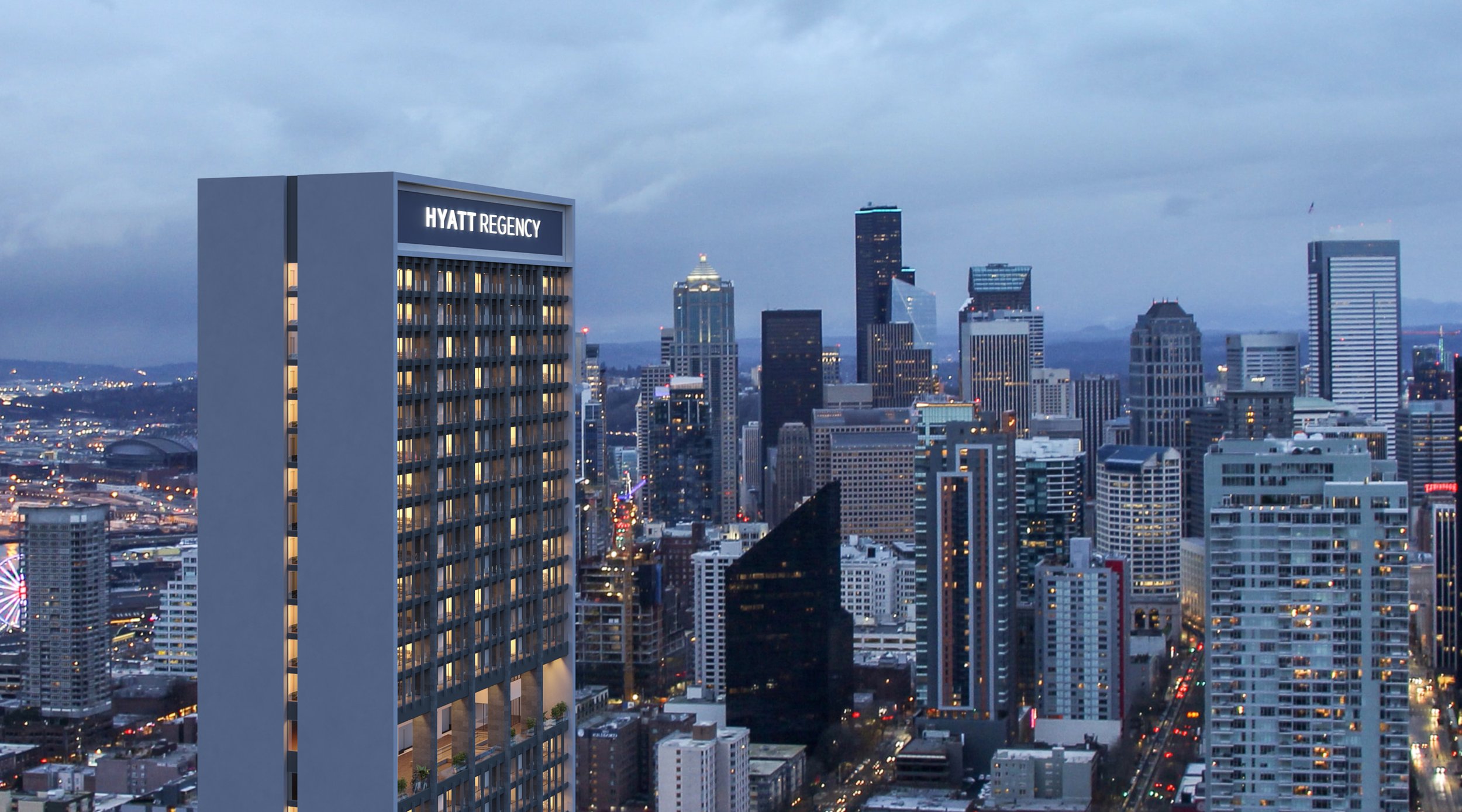 Aerial render at dusk of Hyatt Hotel highlighting rooftop amenities and glowing interiors