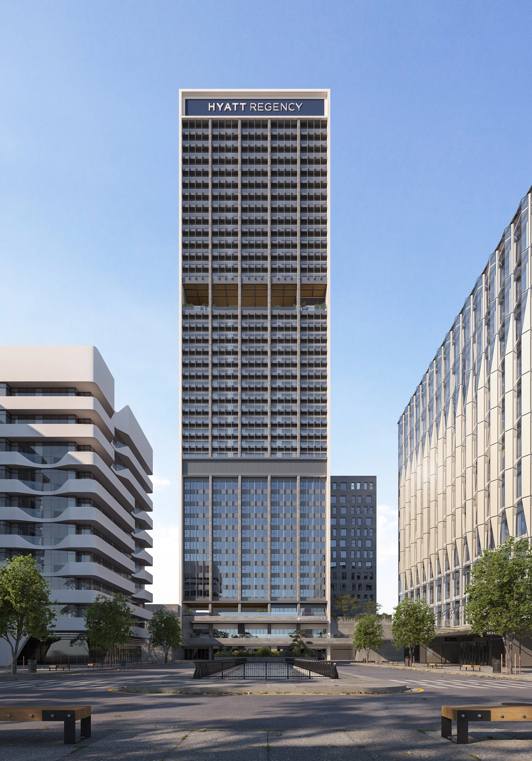 Front-facing render of Hyatt Hotel showcasing modern architectural facade and urban setting