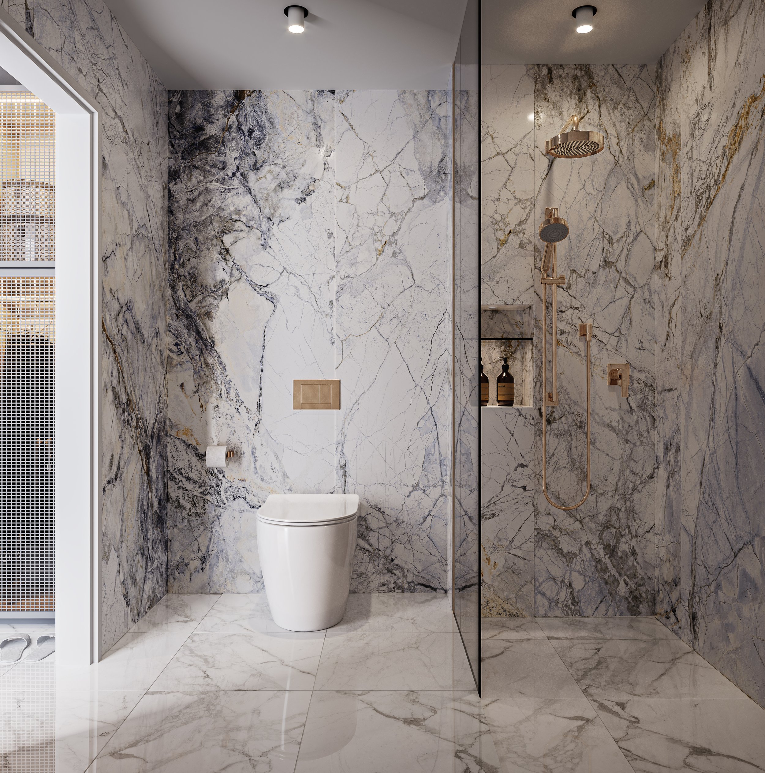 샤워 부스와 세면대가 깔끔하게 구획된 모던 욕실 공간