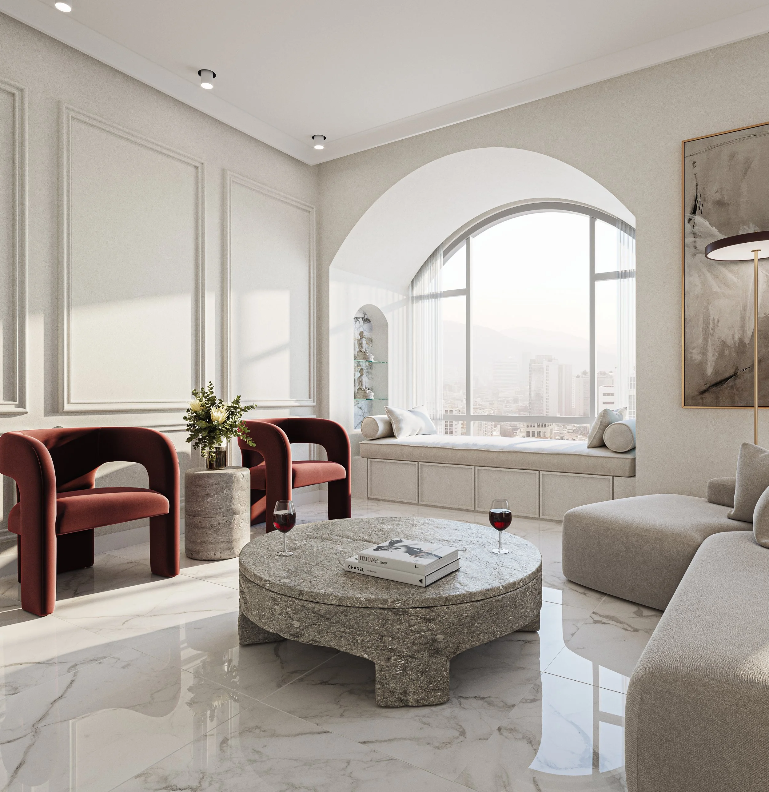 강남 도심을 조망할 수 있는 거실, 대형 유리창과 미니멀 가구 구성