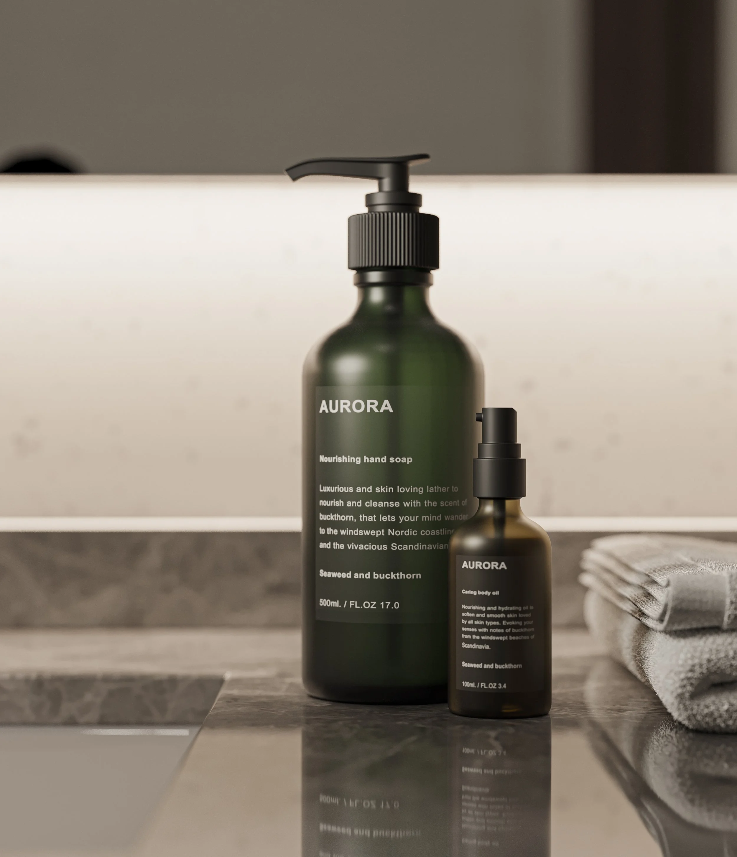 Basin countertop featuring Aurora soap bottles, soft lighting, and clean styling