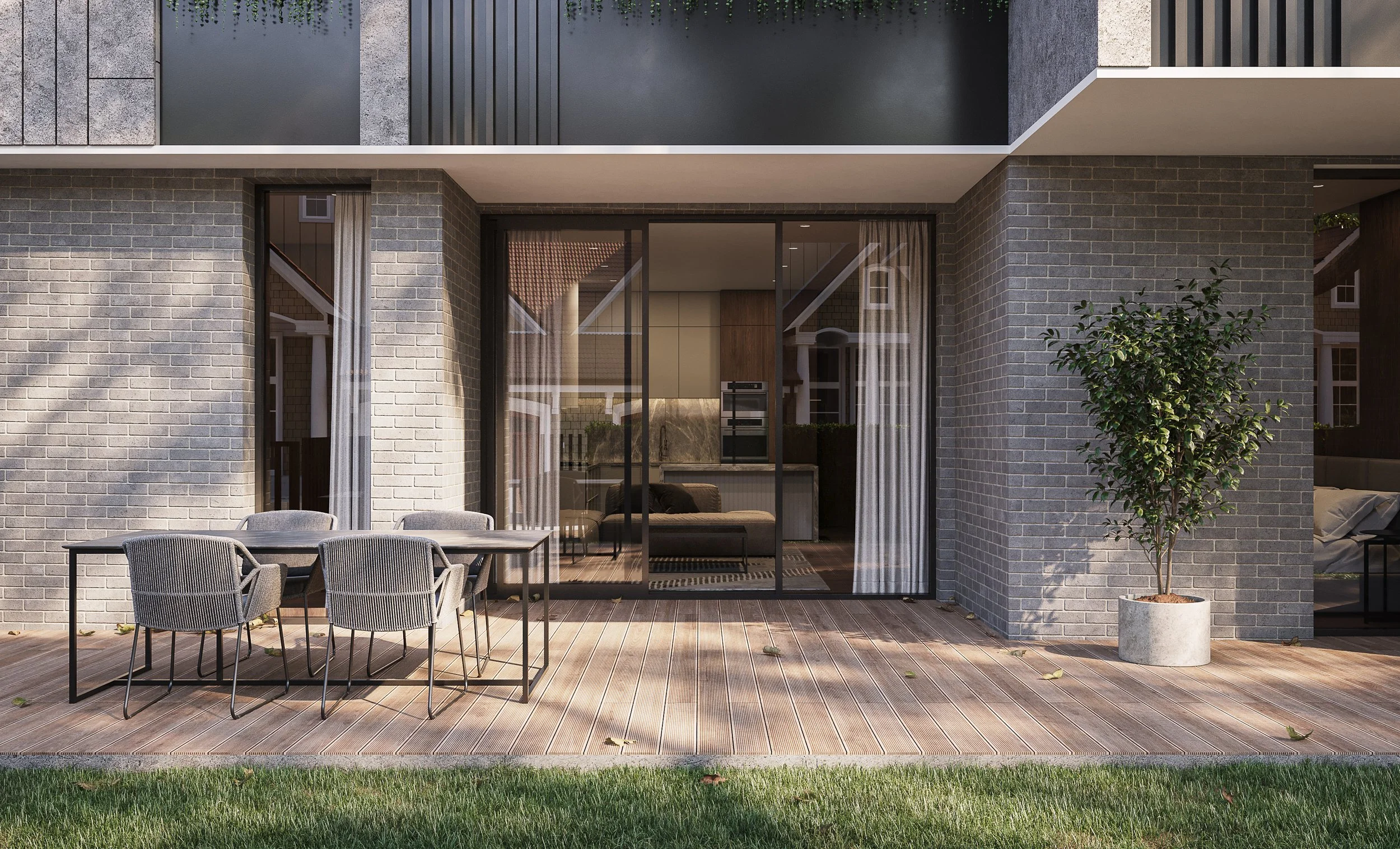 Outdoor deck space with timber flooring, garden elements, and sliding glass doors