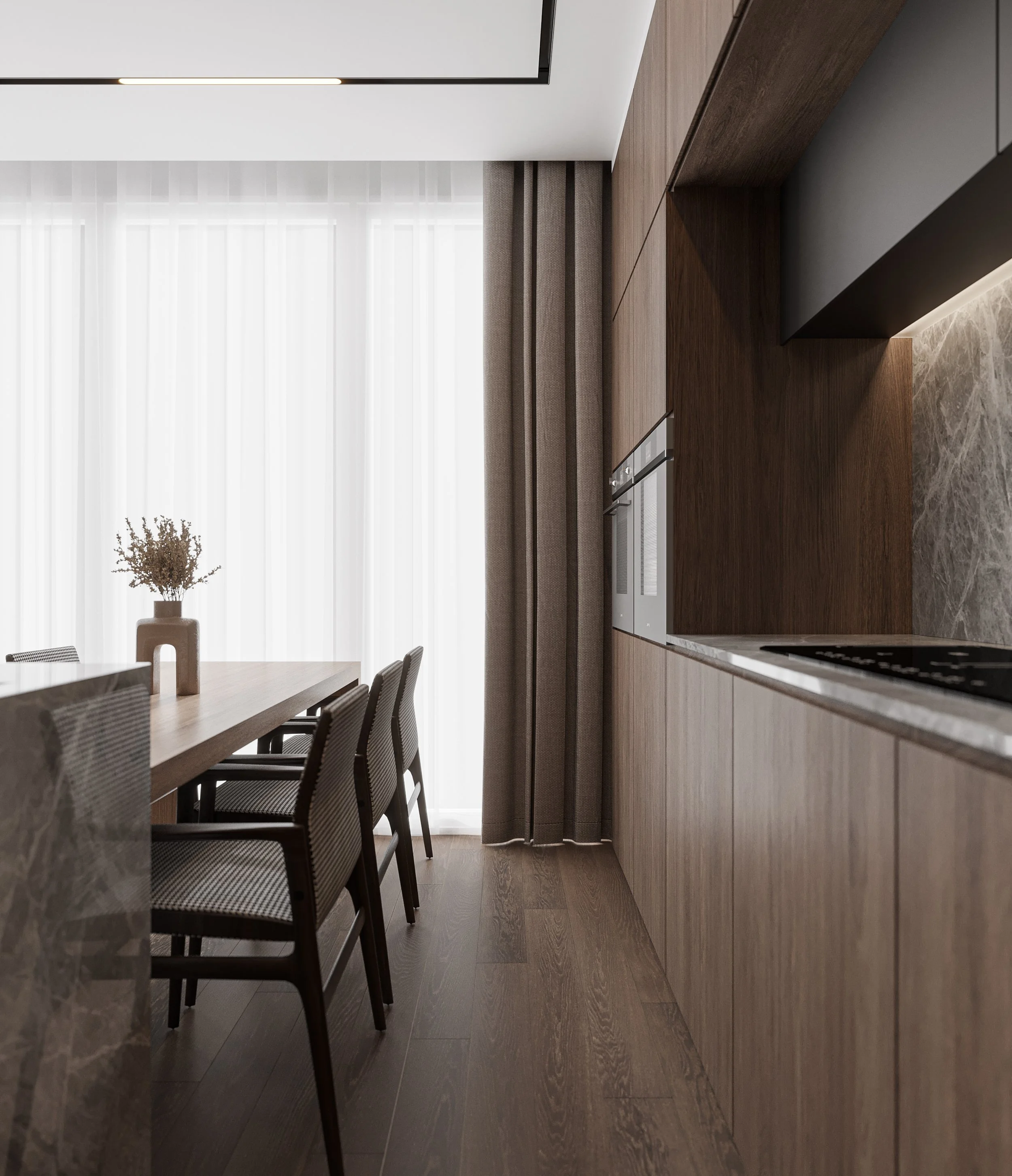 Transitional kitchen view between island, back cabinetry, and open dining area