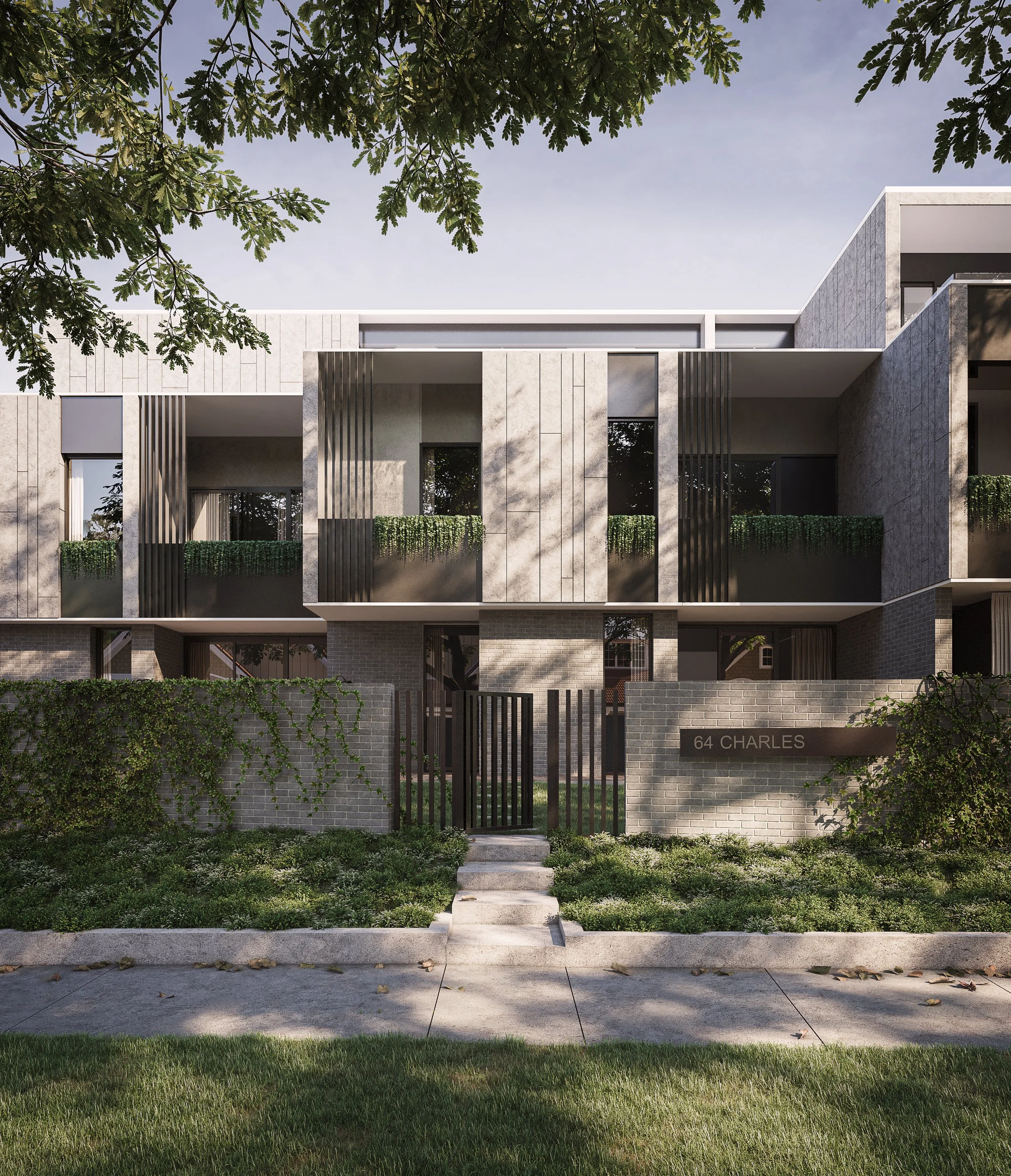 	Perspective of front entrance with warm lighting and modern architectural detailing
