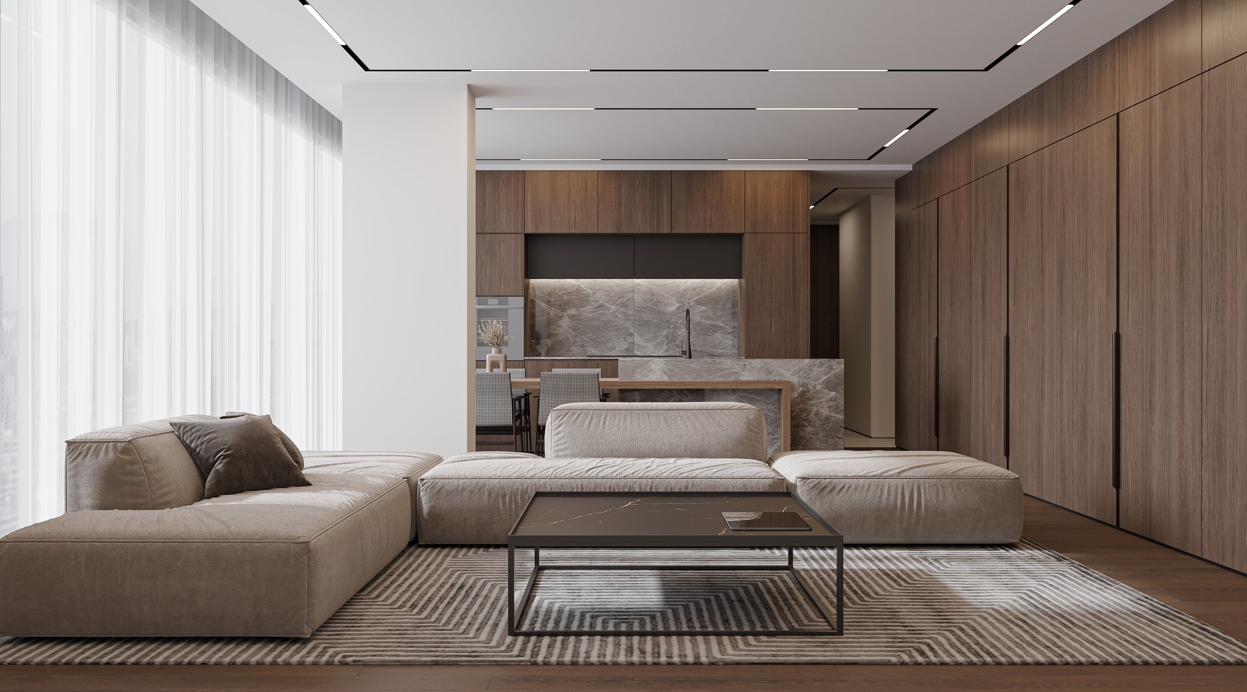 	Open-plan layout with seamless flow between living, kitchen, and dining spaces