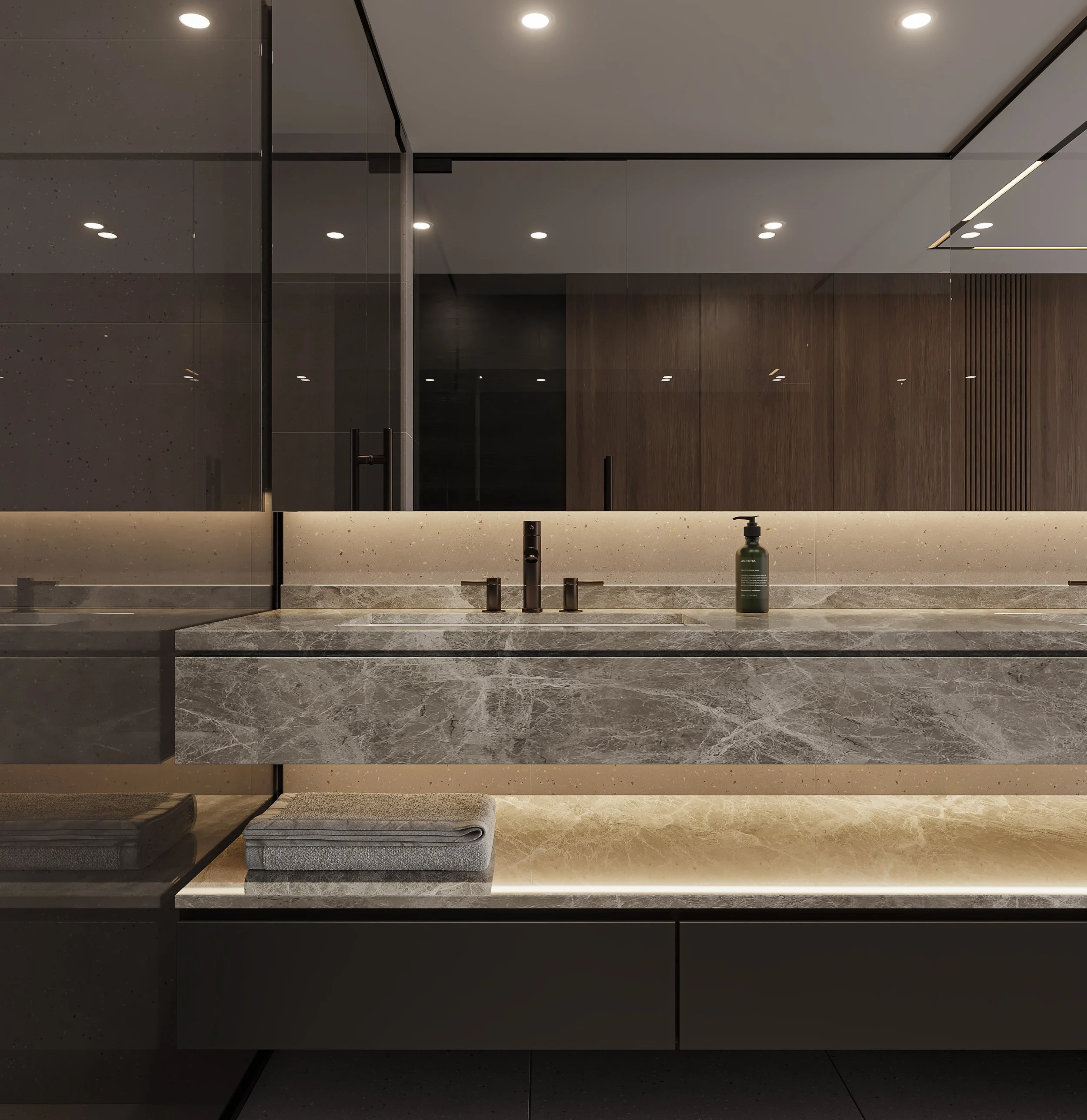 Bathroom with tiled walls, freestanding vanity, and glass-enclosed shower