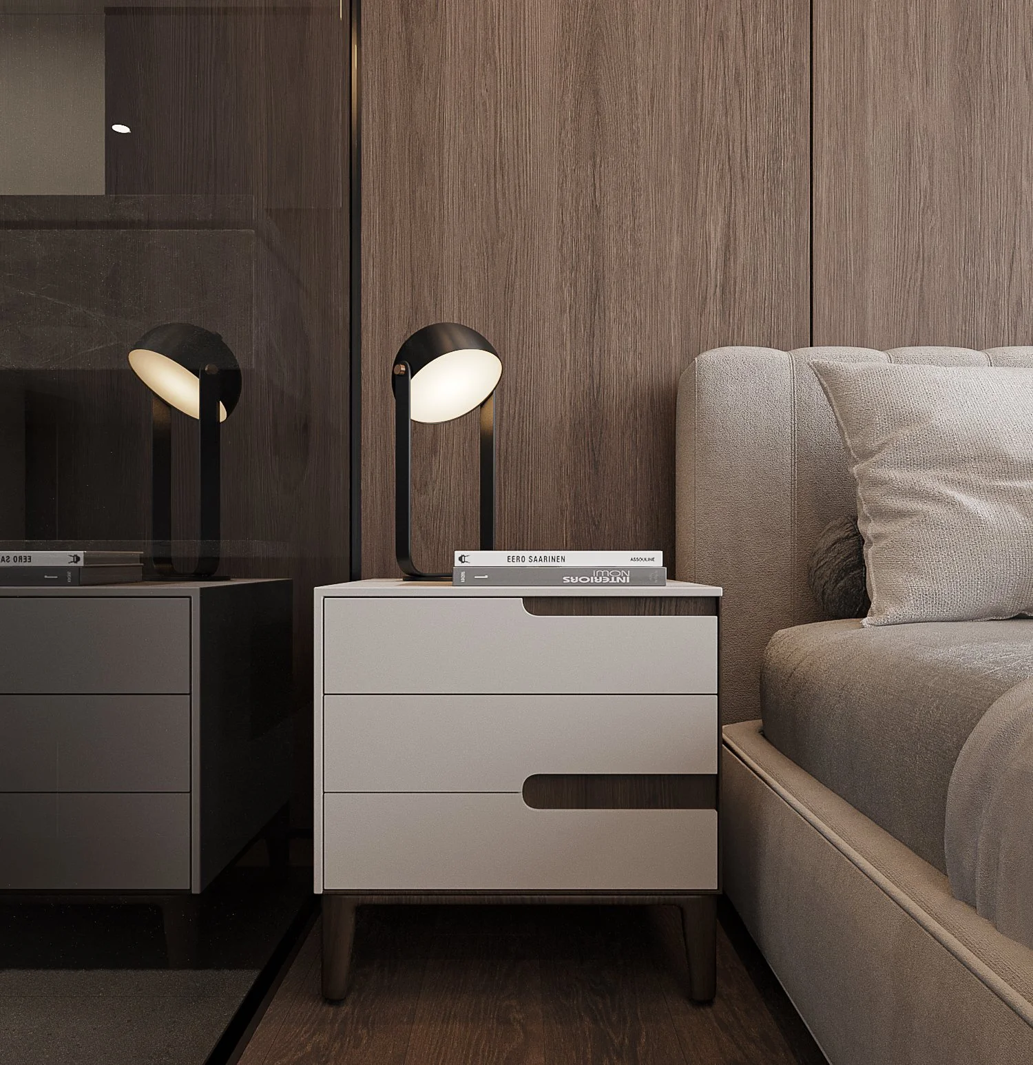 Close-up of bedroom side table with styled lamp and decor objects