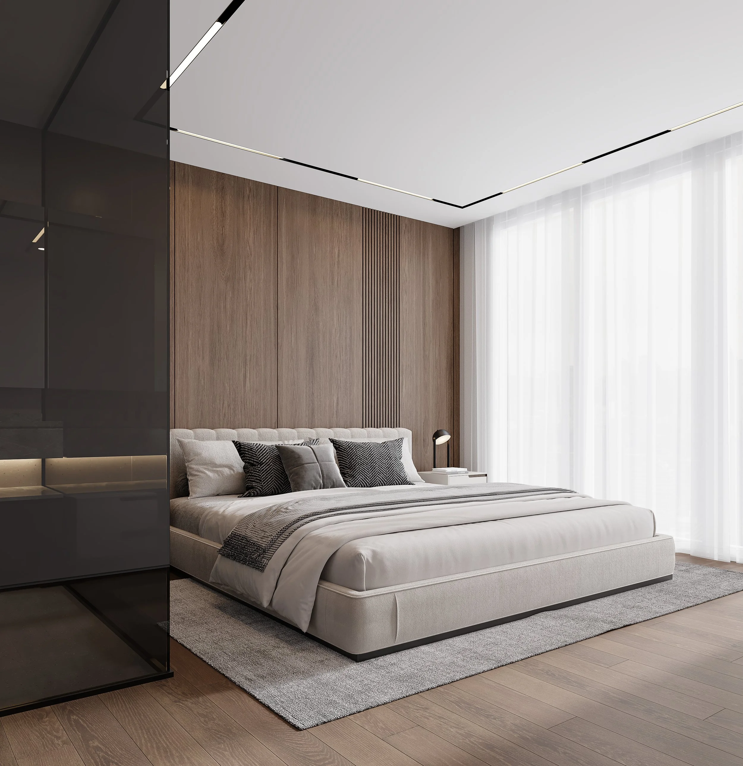 	Modern bedroom interior with soft bedding, neutral tones, and ambient lighting