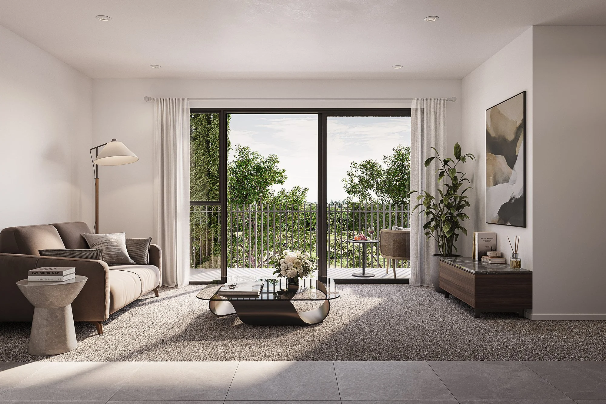 Contemporary living room with neutral tones, large rug, and floor-to-ceiling glazing