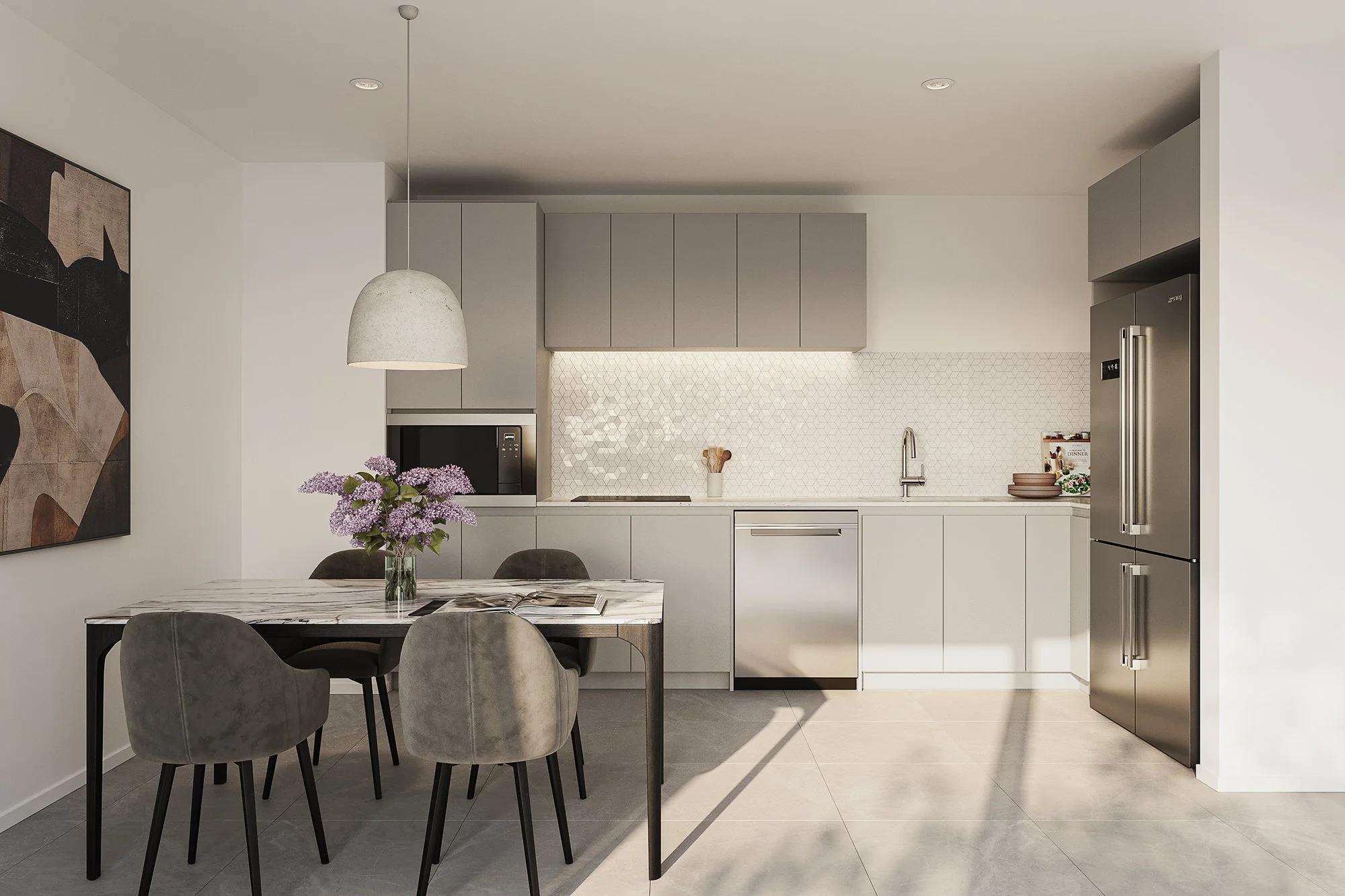 Kitchen and dining area with island bench, pendant lights, and seamless connection to living space