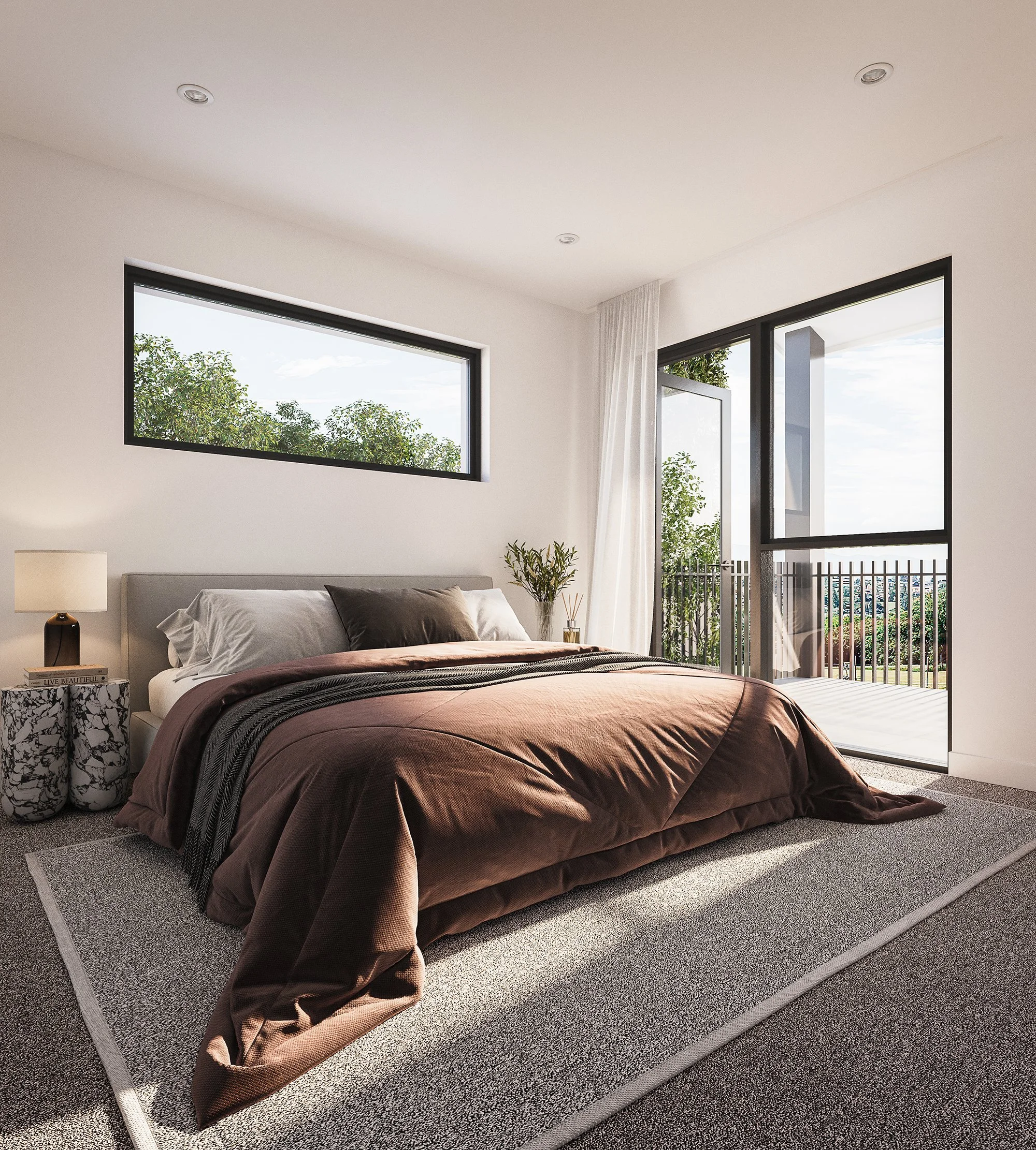 Minimalist bedroom interior with soft linen, timber flooring, and calming tones