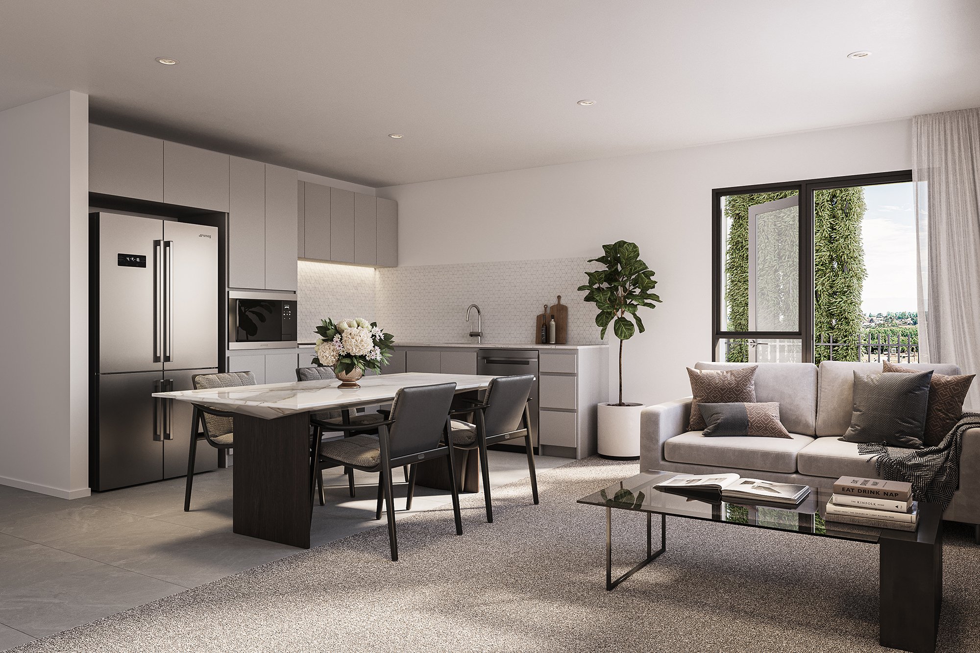 	Open-plan layout showing living, dining, and kitchen zones with natural light and modern finishes