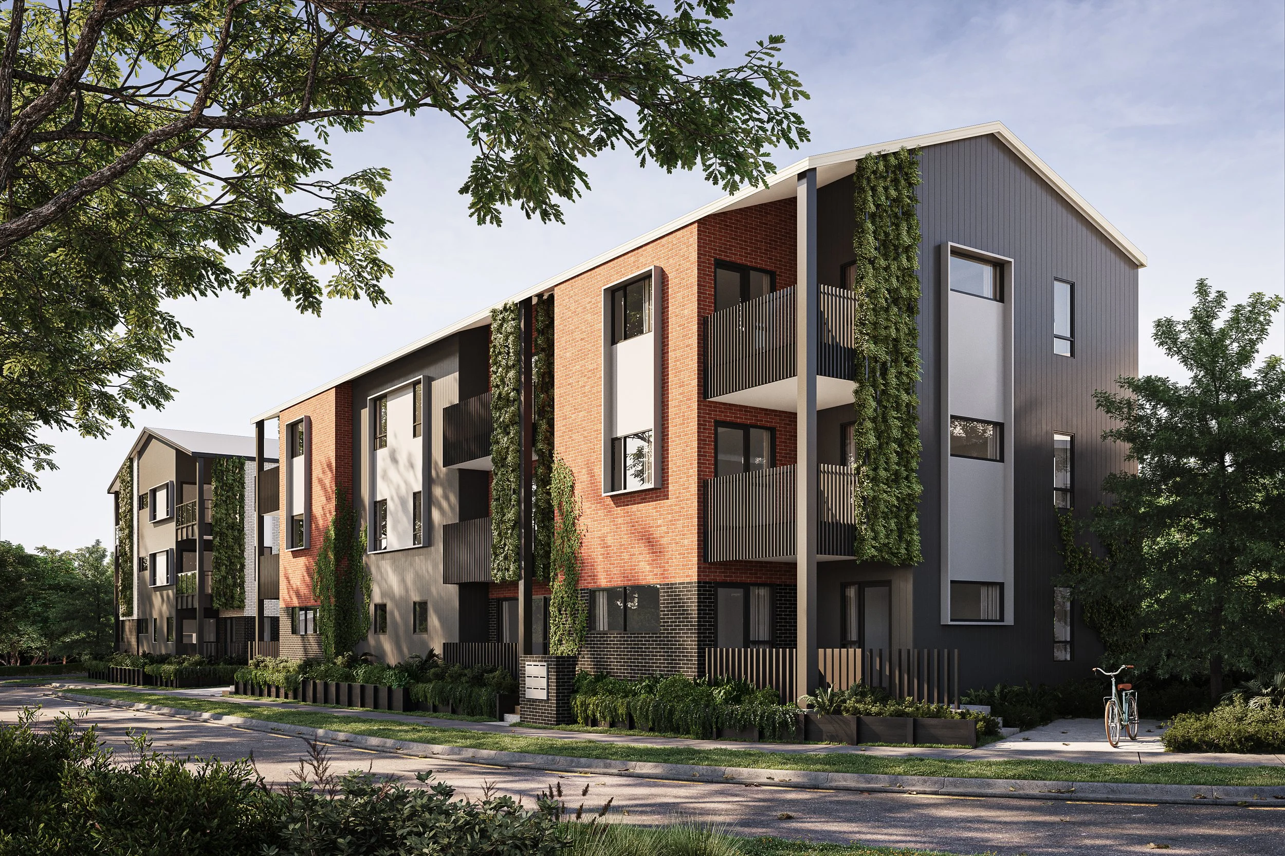 	Angled perspective of residential homes under clear skies showcasing clean design and community layout
