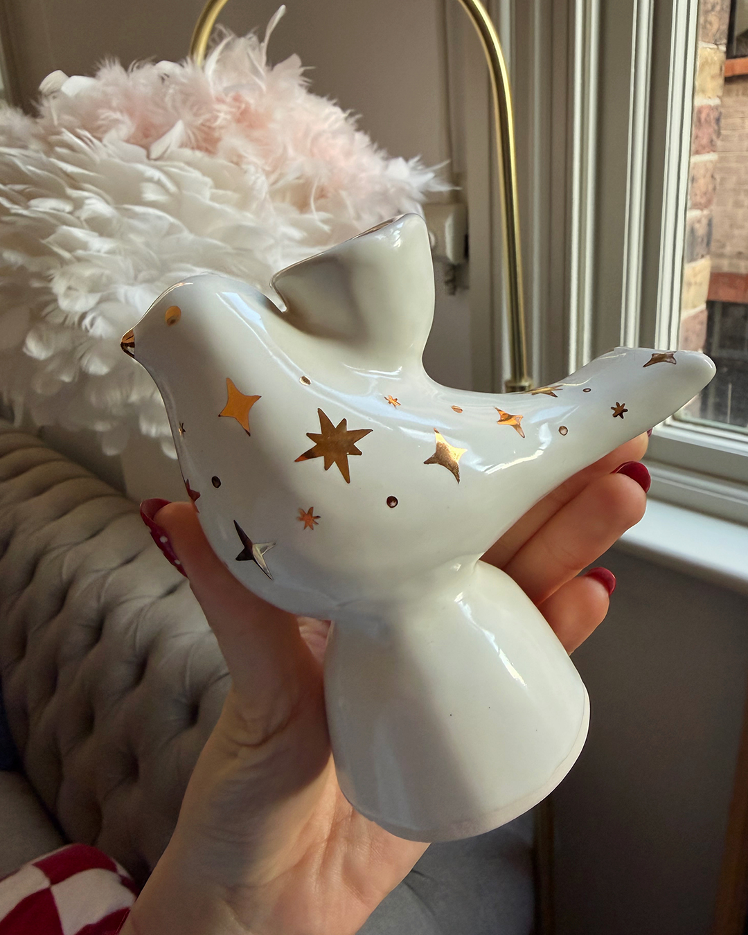 'Lastivochka candle holder with golden stars' - Ceramic candle holder in white (big)