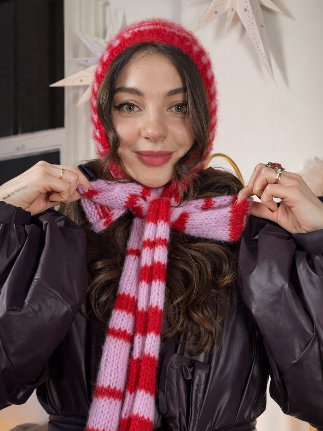 Striped  Knitted  Bonnet in red