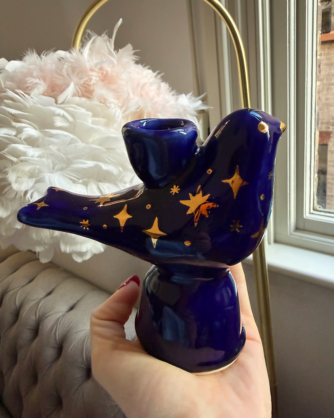 'Lastivochka candle holder with golden stars' - Ceramic candle holder in blue (big)