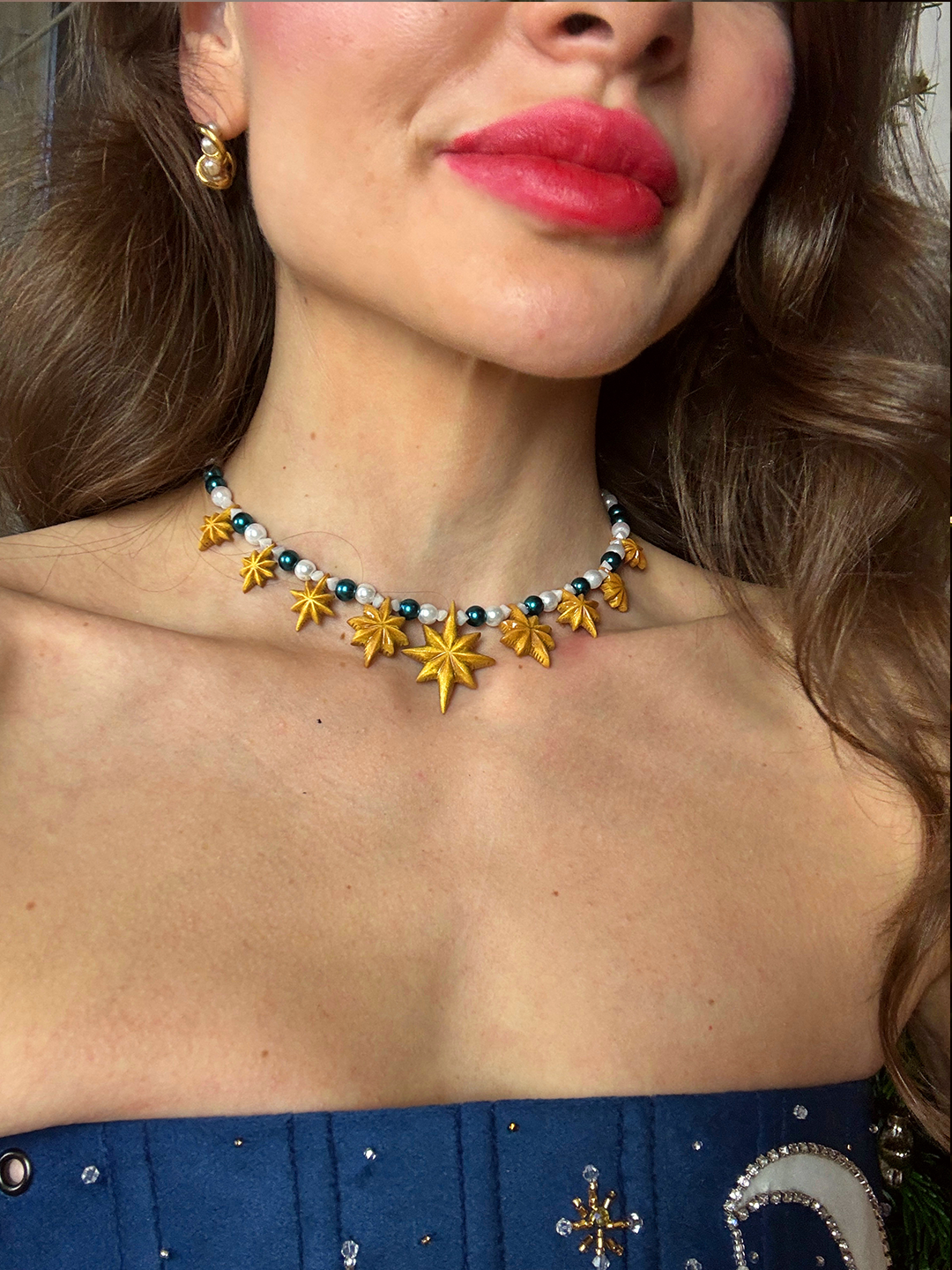 "Christmas night" - Necklace (white and blue) - Handmade in Ukraine